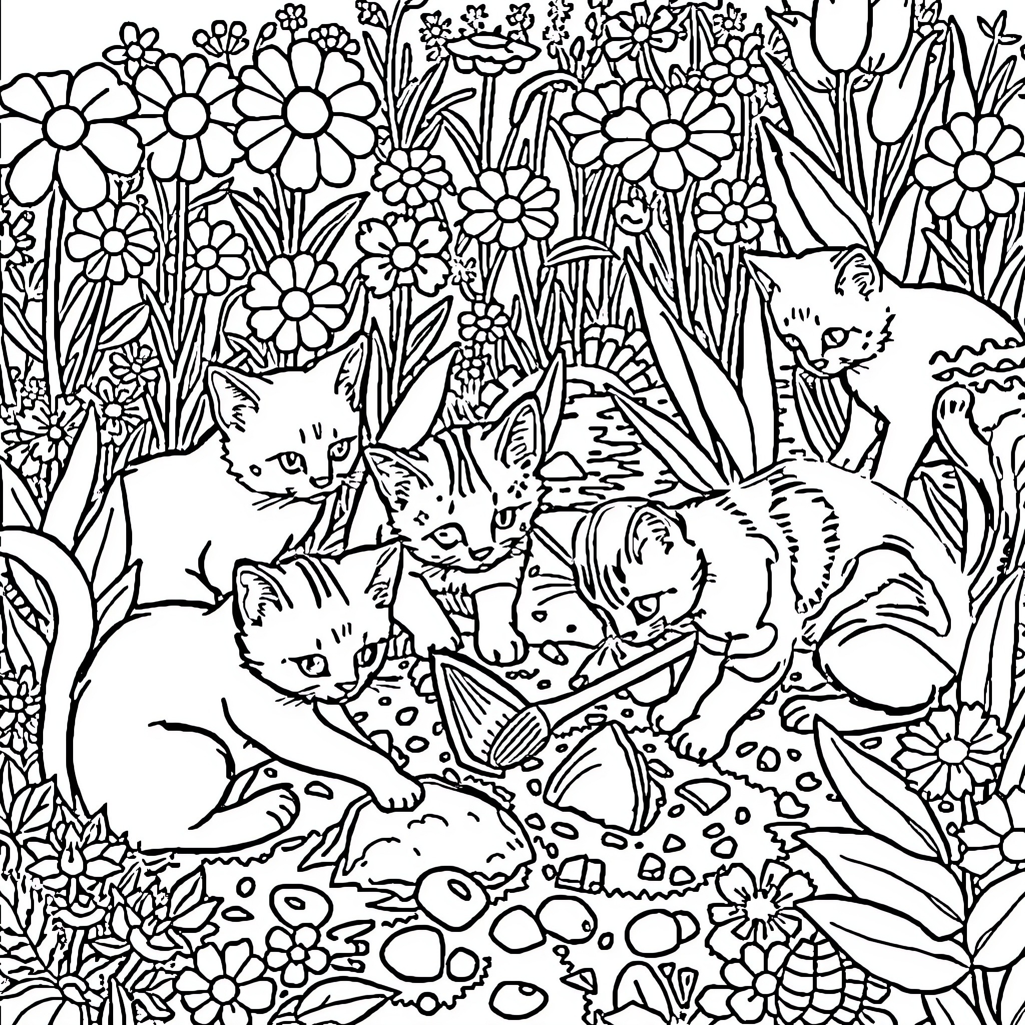 Cats exploring a floral garden Coloring Page (free black-and-white line drawing printable PDF for all, from beginners to advanced learners, including children, teens, adults, and seniors)