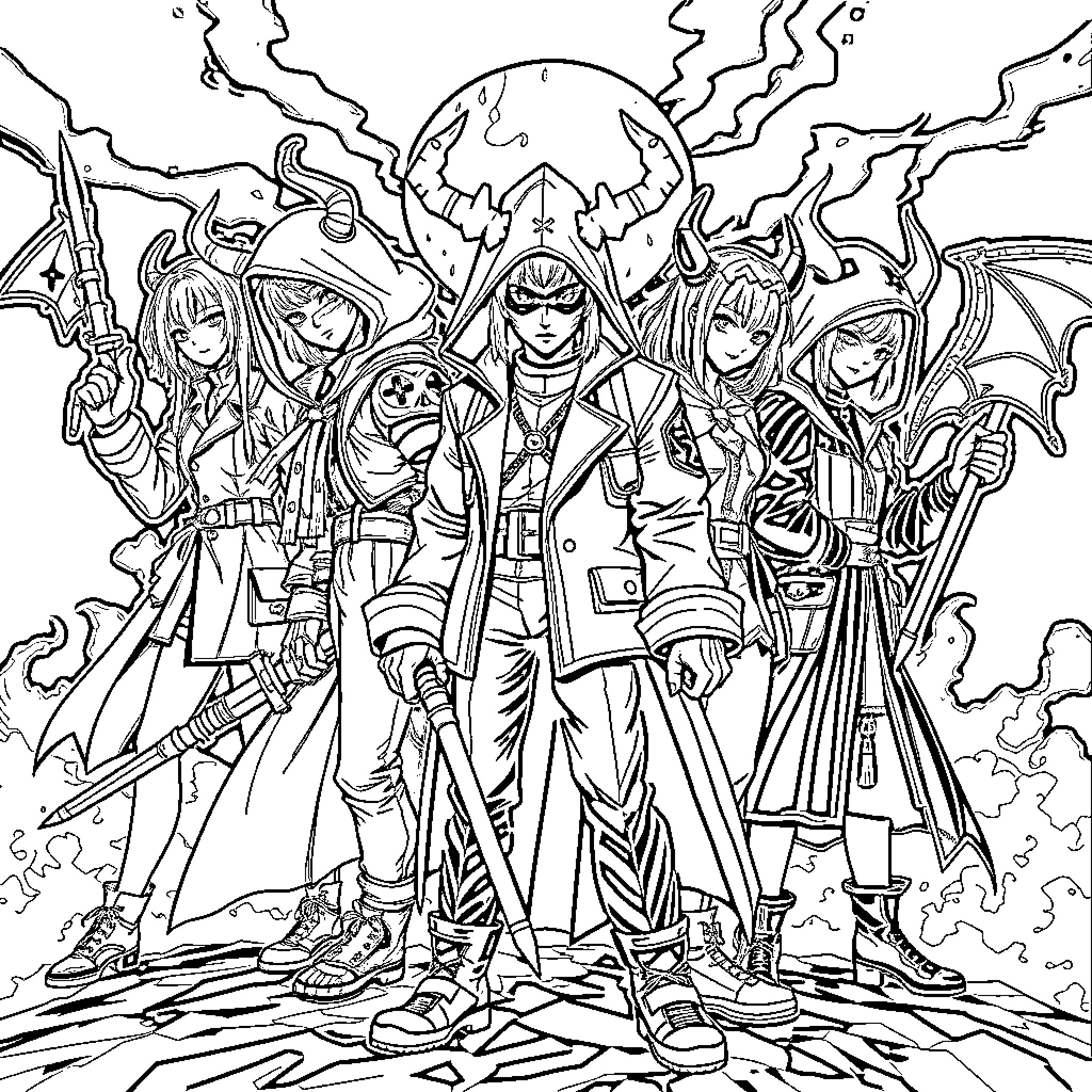 Demon Hunter Protagonists in Action-Packed Anime Scene Coloring Page (free black-and-white line drawing printable PDF for all, from beginners to advanced learners, including children, teens, adults, and seniors)