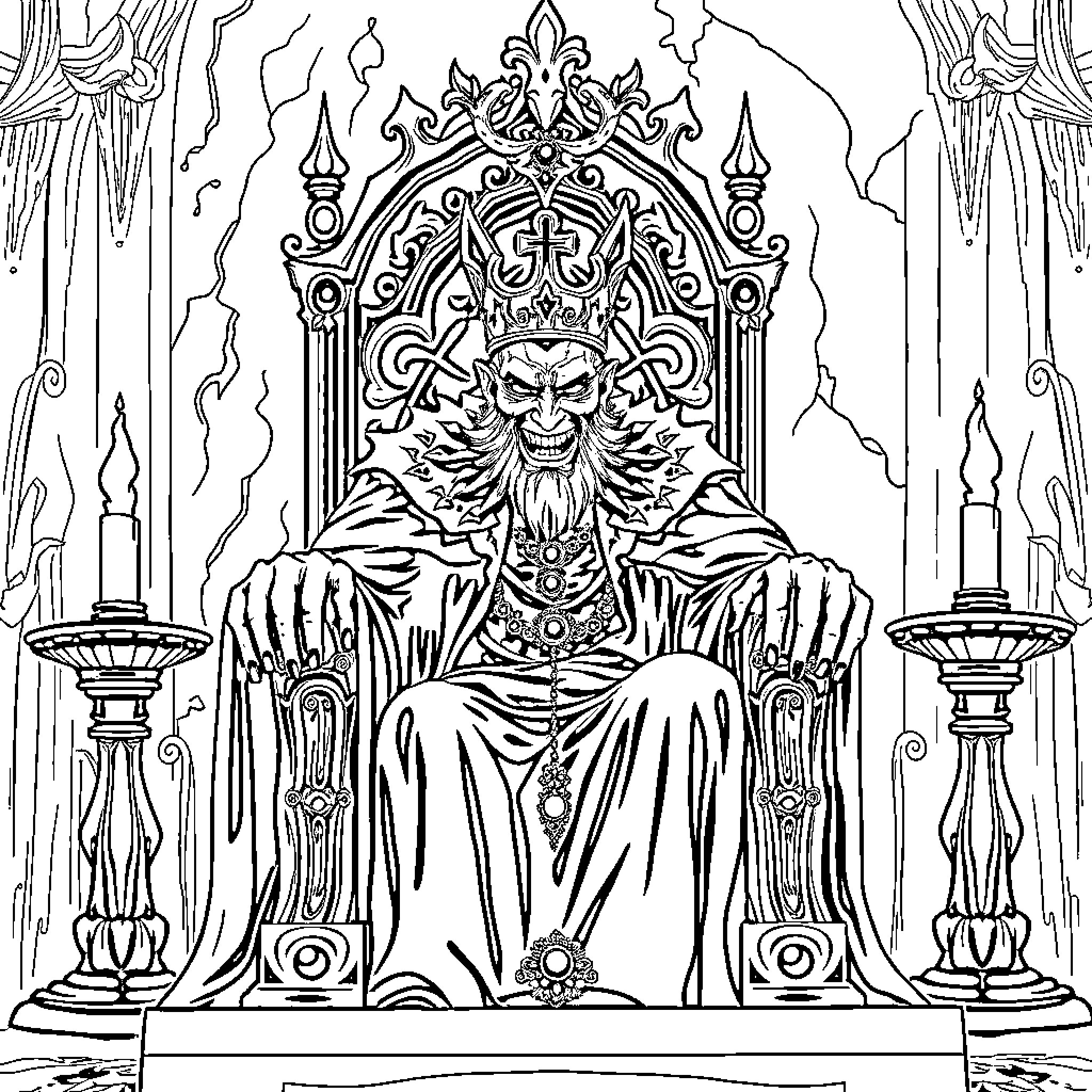 King Presiding Over Dark Throne and Ritual Coloring Page (free black-and-white line drawing printable PDF for all, from beginners to advanced learners, including children, teens, adults, and seniors)