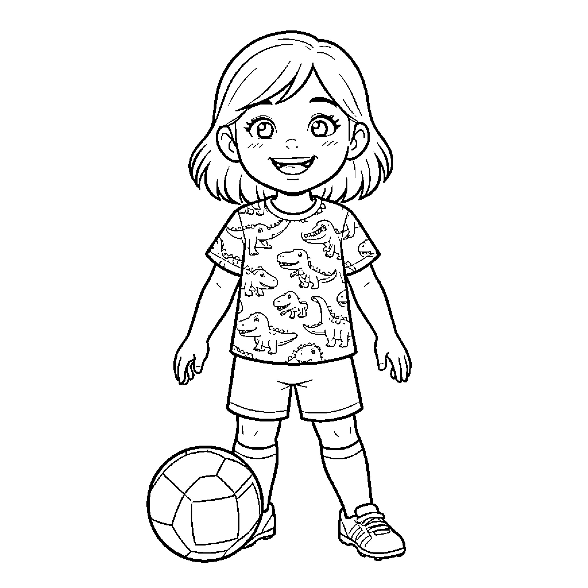 Nina playing happily with her soccer ball Coloring Page (free black-and-white line drawing printable PDF for all, from beginners to advanced learners, including children, teens, adults, and seniors)