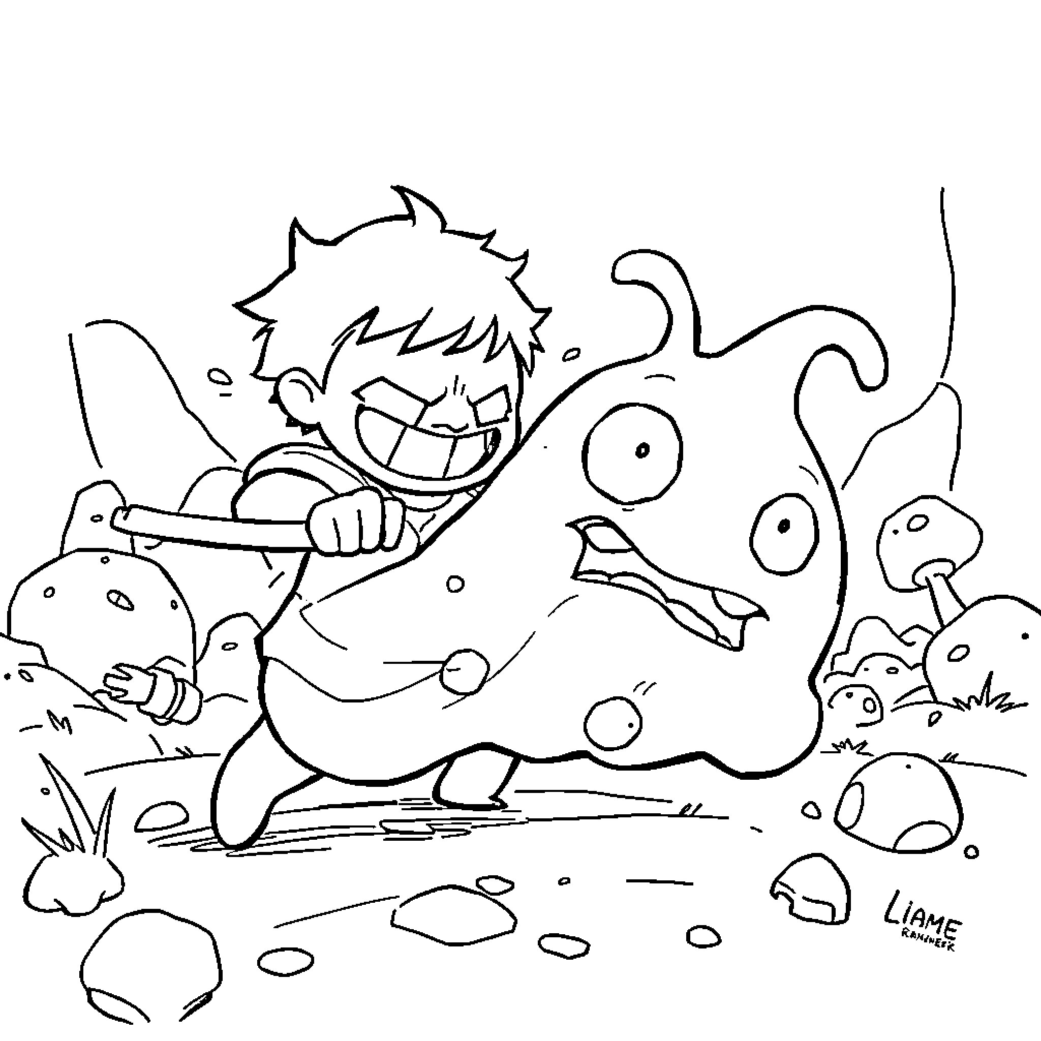 Isaac's Playful Adventure in the Mushroom Forest Coloring Page (free black-and-white line drawing printable PDF for all, from beginners to advanced learners, including children, teens, adults, and seniors)