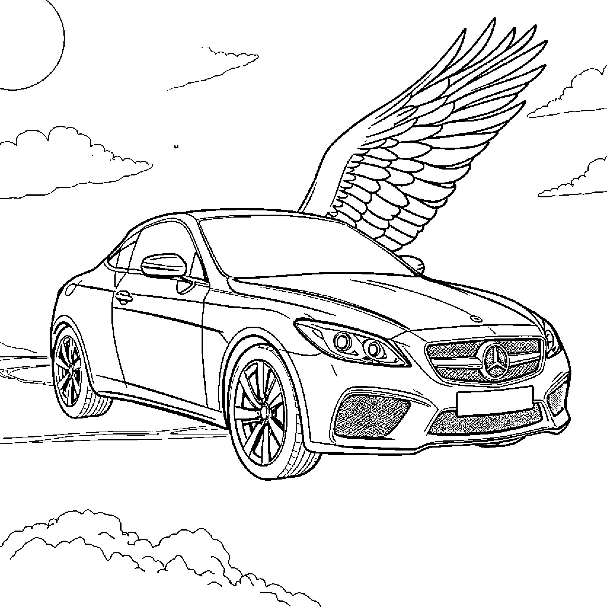 Flying Car with Majestic Wings in the Sky Coloring Page (free black-and-white line drawing printable PDF for all, from beginners to advanced learners, including children, teens, adults, and seniors)
