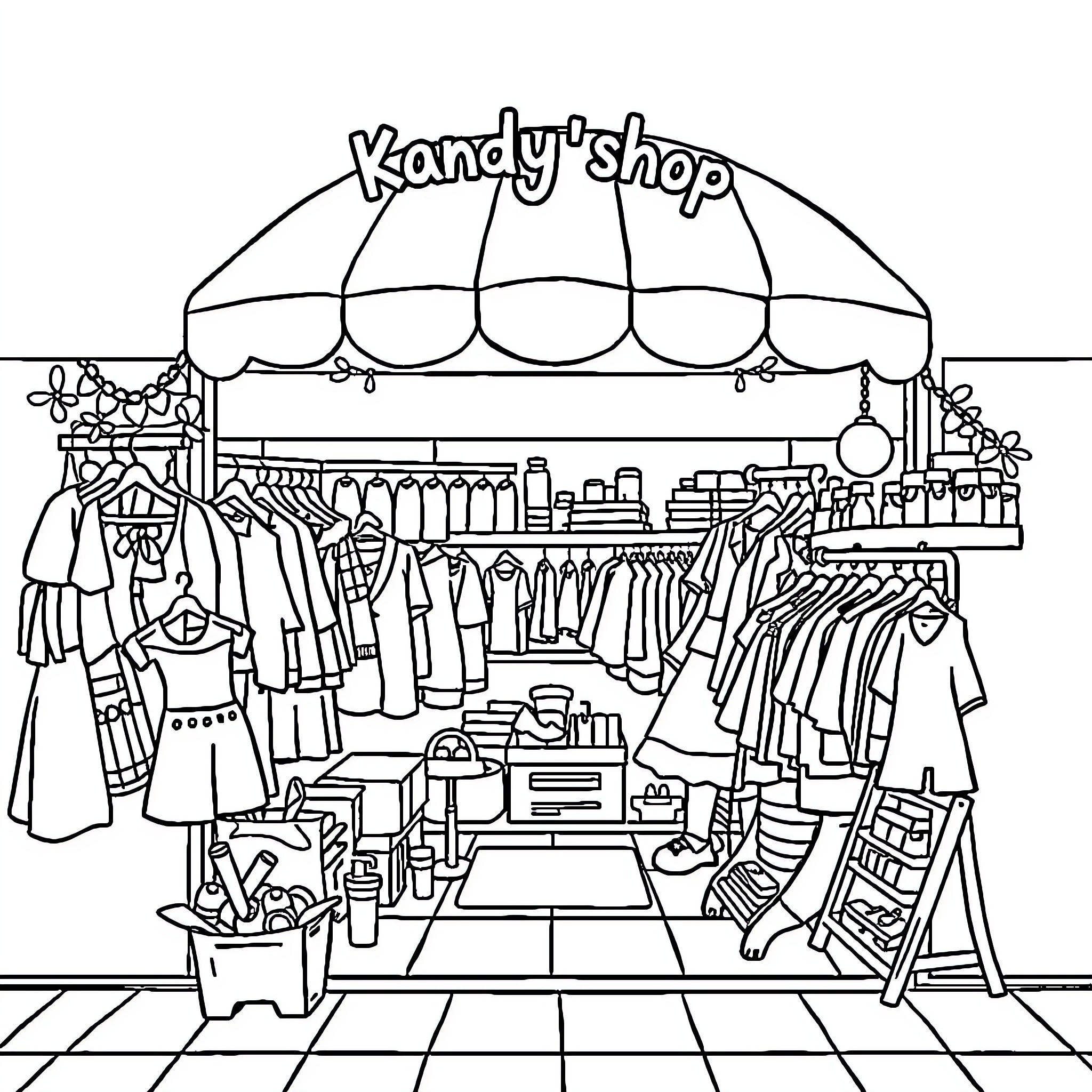 Kandy's shop displaying diverse apparel and accessories Coloring Page (free black-and-white line drawing printable PDF for all, from beginners to advanced learners, including children, teens, adults, and seniors)