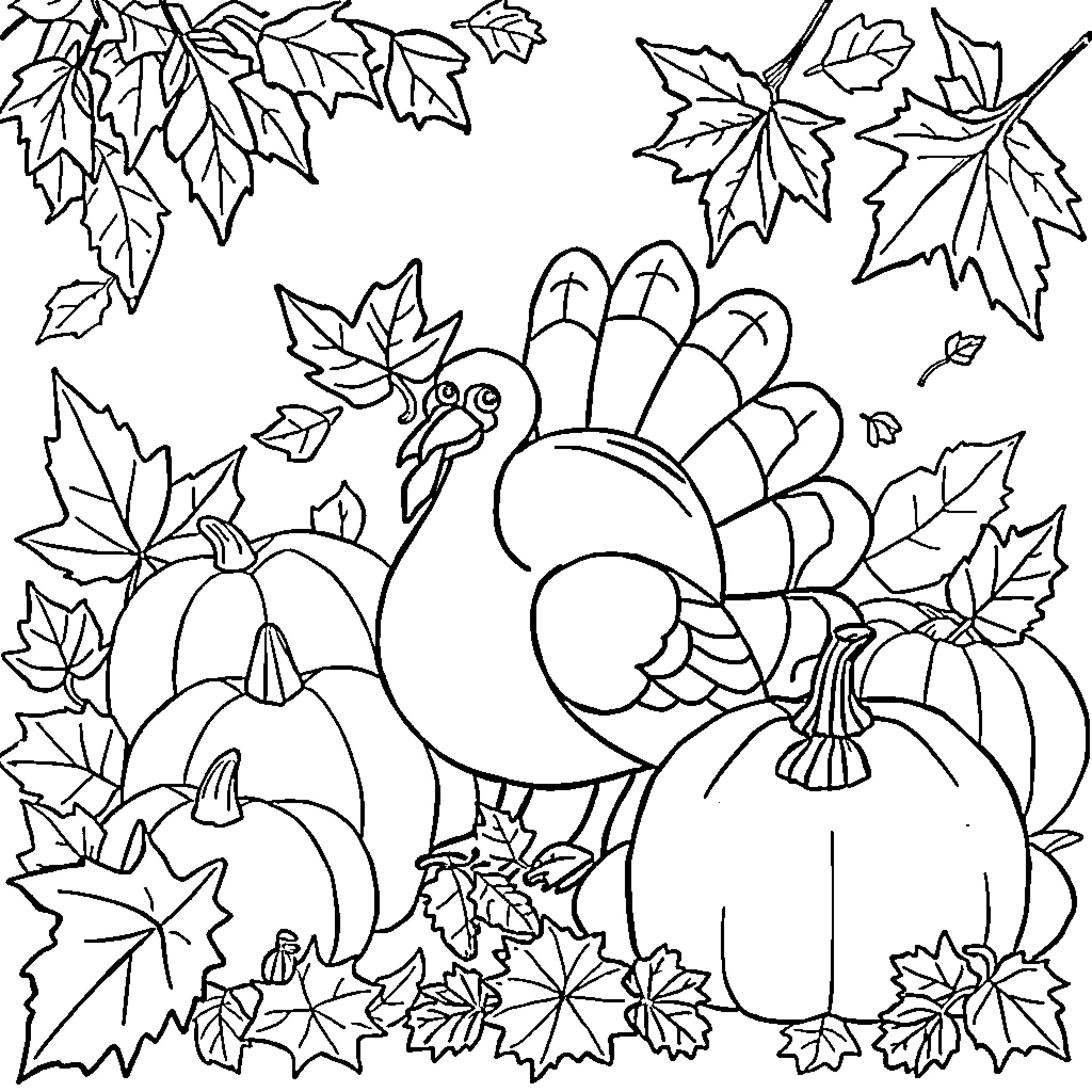 Pharmacology Thanksgiving Scene with Turkey and Pumpkins Coloring Page (free black-and-white line drawing printable PDF for all, from beginners to advanced learners, including children, teens, adults, and seniors)