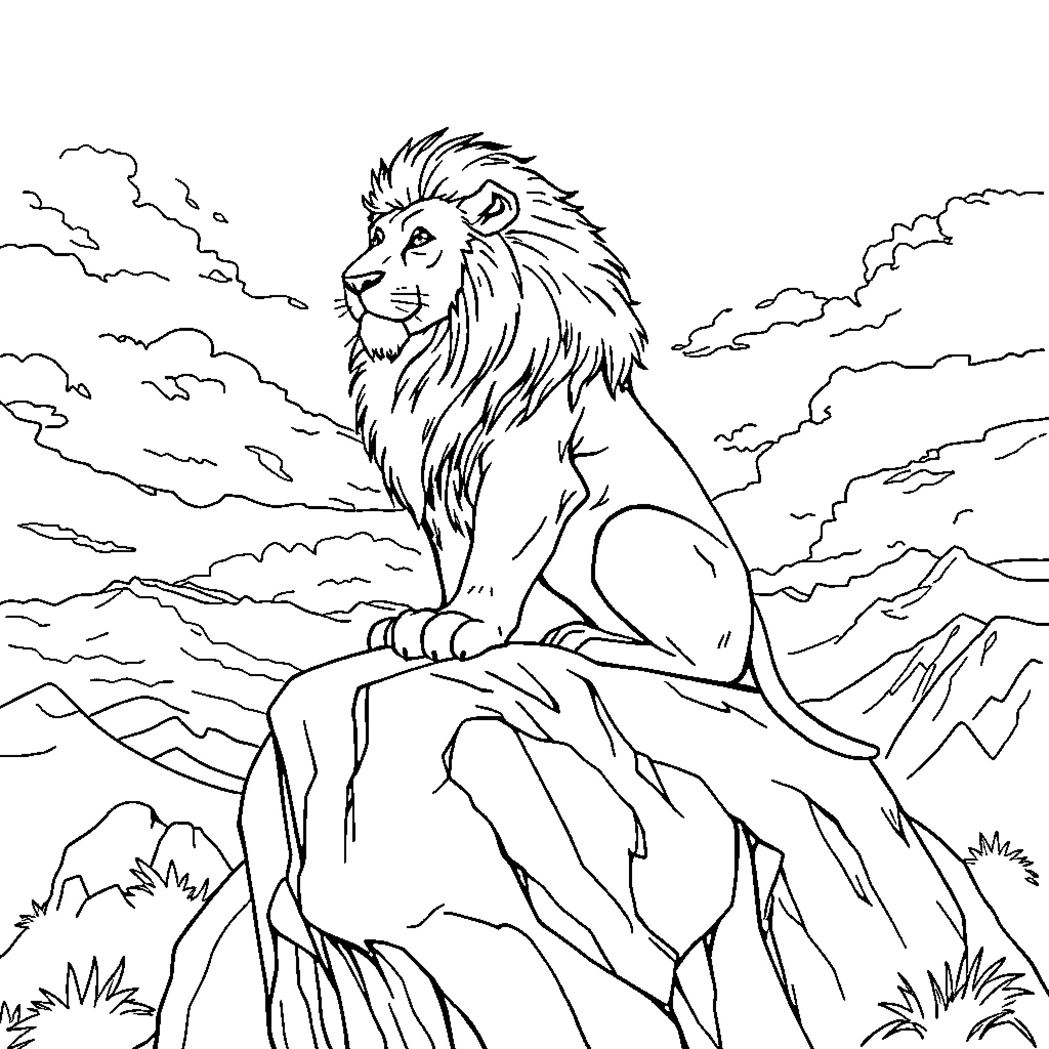 Lion overlooking majestic mountain landscape Coloring Page (free black-and-white line drawing printable PDF for all, from beginners to advanced learners, including children, teens, adults, and seniors)