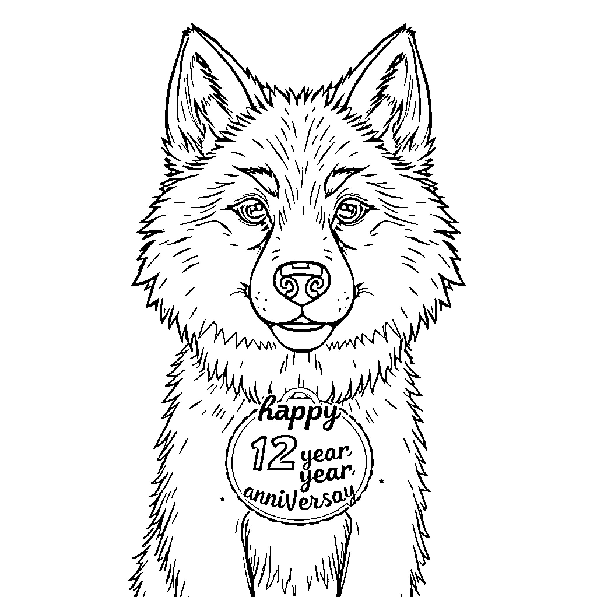 Wolf Celebrating 12th Anniversary with Joyful Expression Coloring Page (free black-and-white line drawing printable PDF for all, from beginners to advanced learners, including children, teens, adults, and seniors)