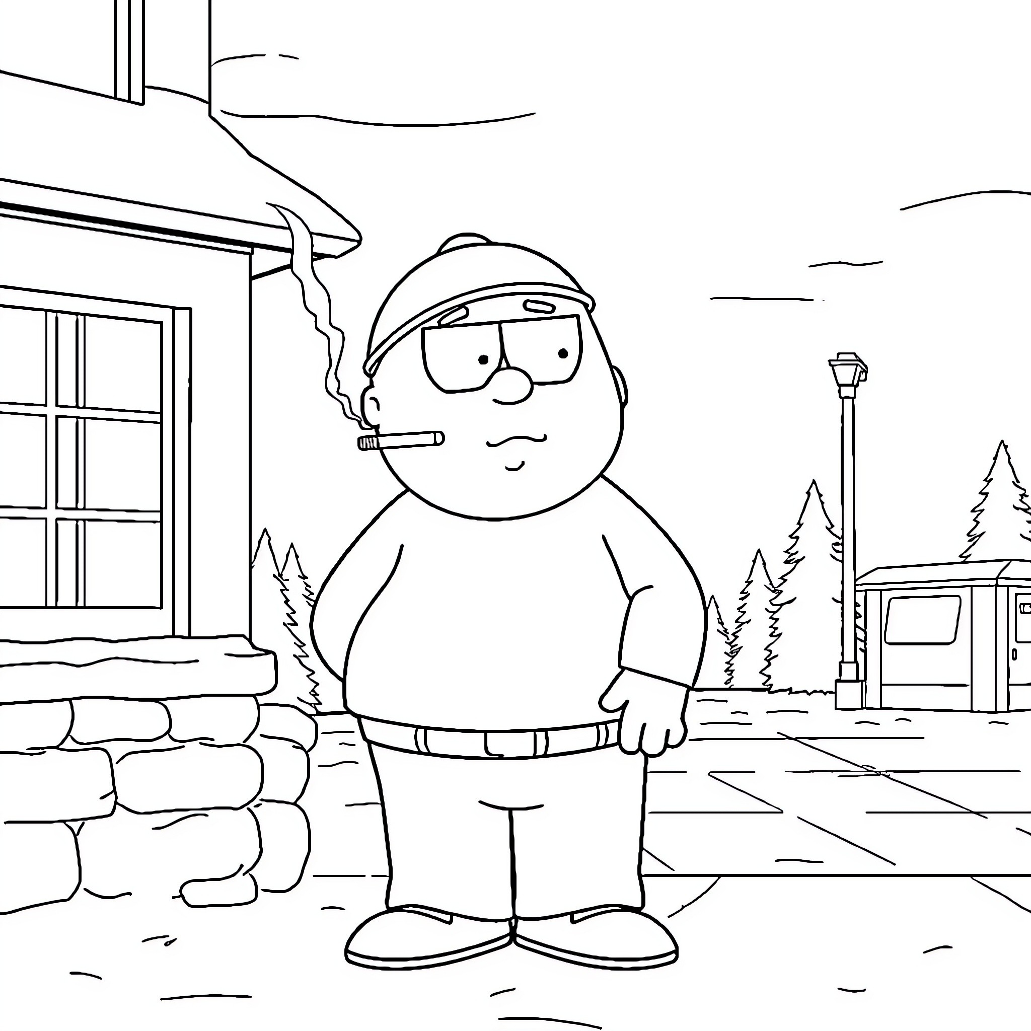 Cartman smoking outside his cabin Coloring Page (free black-and-white line drawing printable PDF for all, from beginners to advanced learners, including children, teens, adults, and seniors)