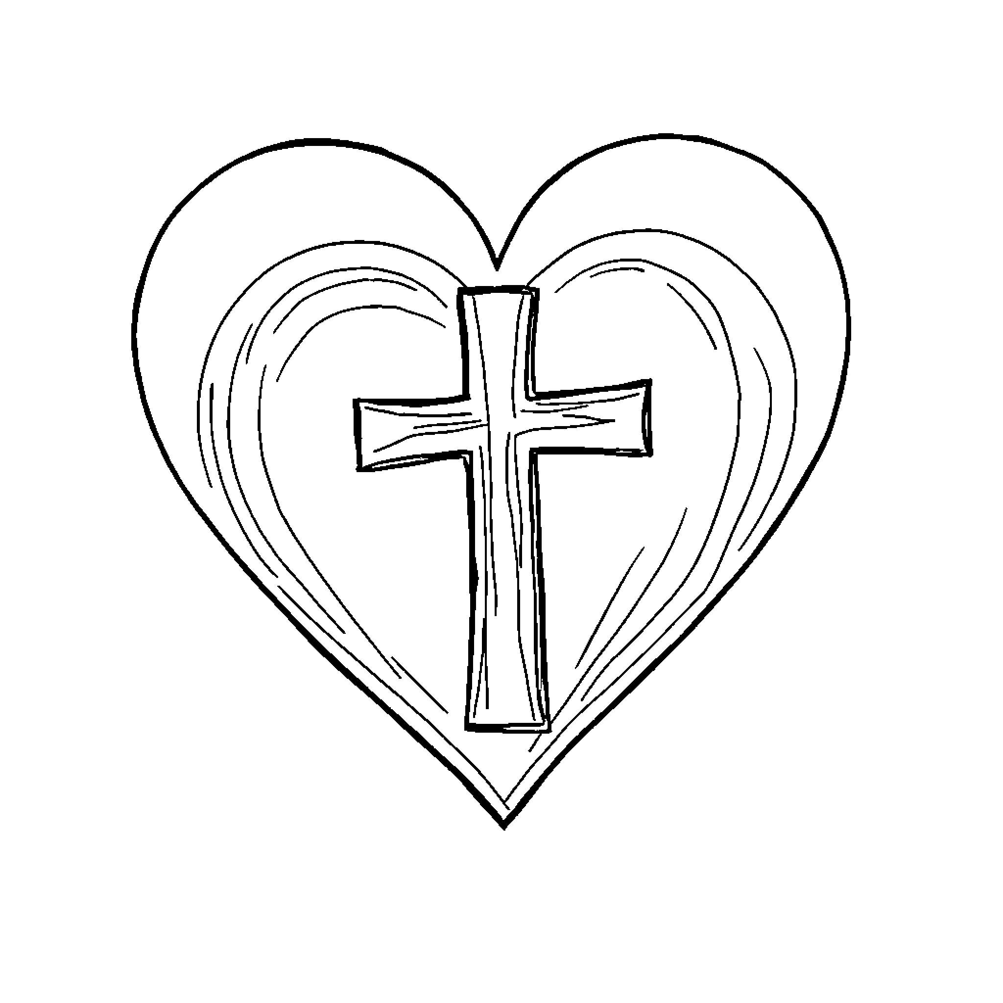 Cross with Heart Shape Design Coloring Page (free black-and-white line drawing printable PDF for all, from beginners to advanced learners, including children, teens, adults, and seniors)