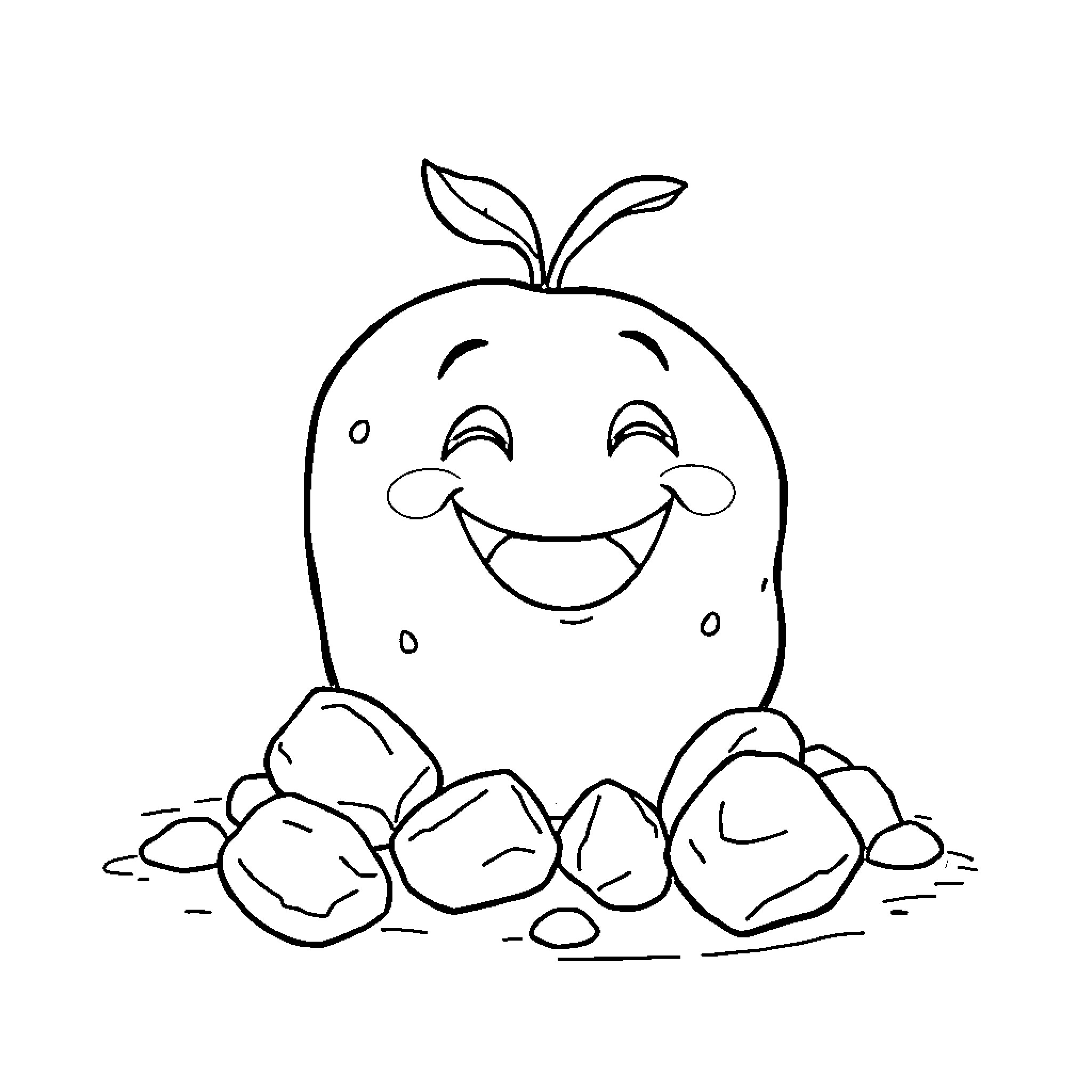 Potato Smiling Happily Among Rocks Coloring Page (free black-and-white line drawing printable PDF for all, from beginners to advanced learners, including children, teens, adults, and seniors)