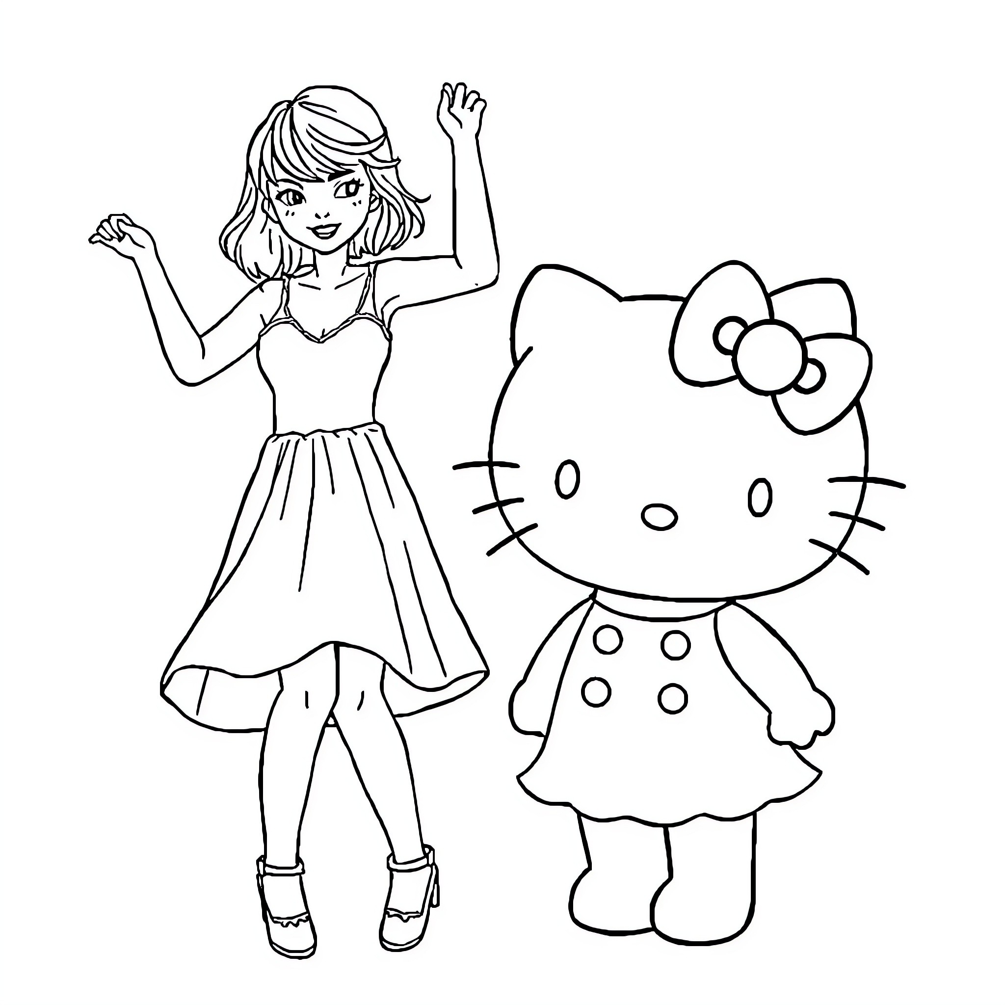 Taylor Swift posing with Hello Kitty doll in cartoon drawing Coloring Page (free black-and-white line drawing printable PDF for all, from beginners to advanced learners, including children, teens, adults, and seniors)