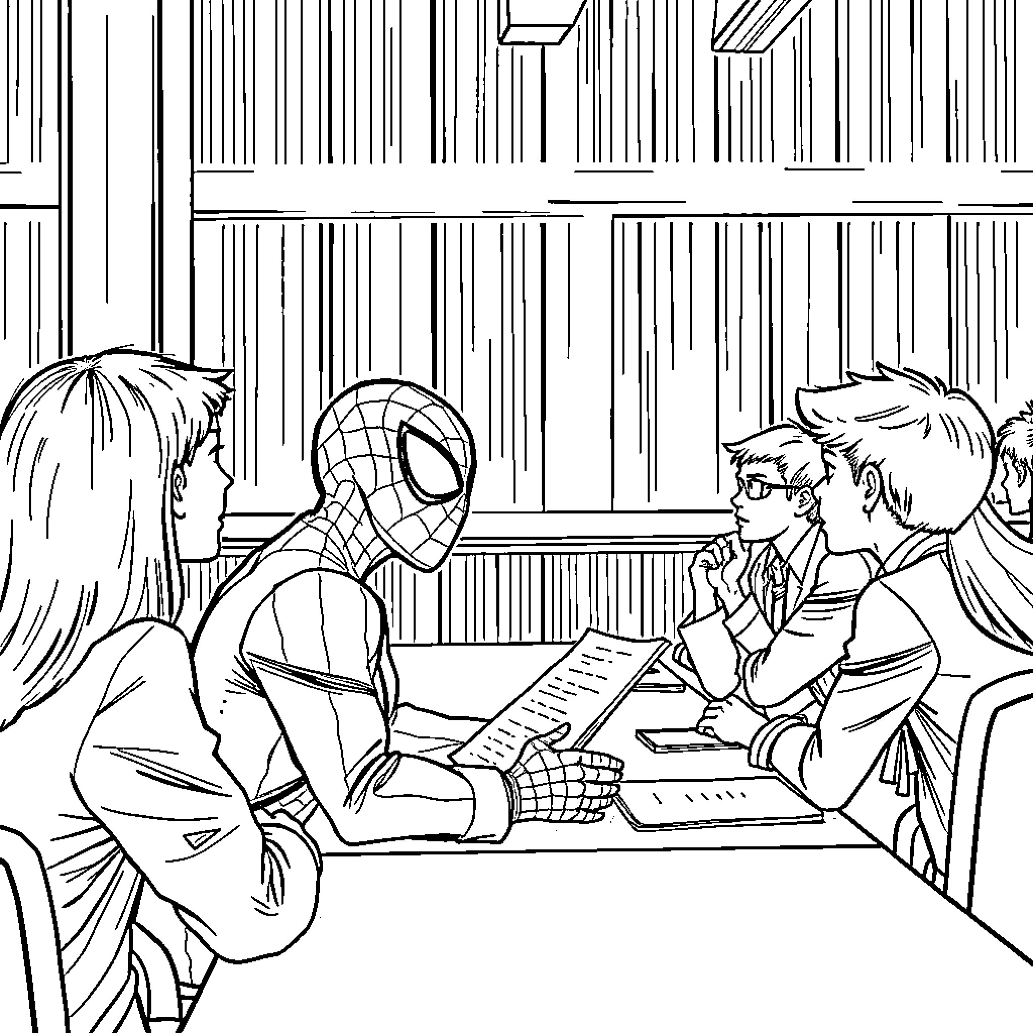 Spiderman consulting with friends in an office Coloring Page (free black-and-white line drawing printable PDF for all, from beginners to advanced learners, including children, teens, adults, and seniors)