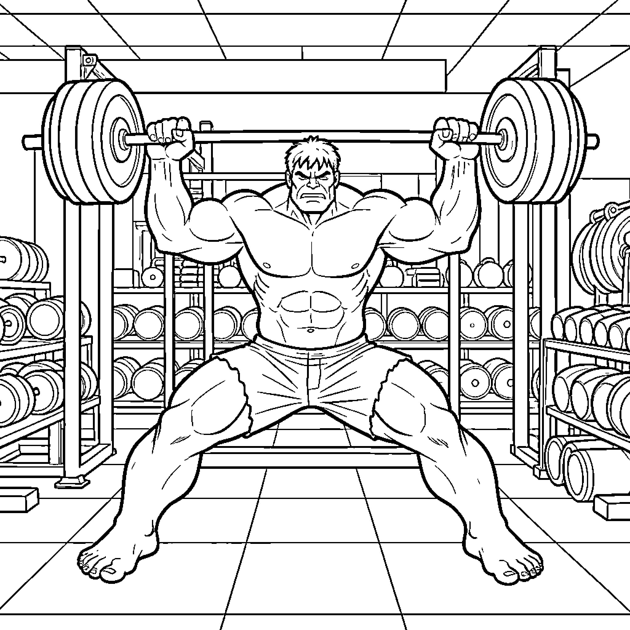 Hulk lifting heavy weights in a gym Coloring Page (free black-and-white line drawing printable PDF for all, from beginners to advanced learners, including children, teens, adults, and seniors)