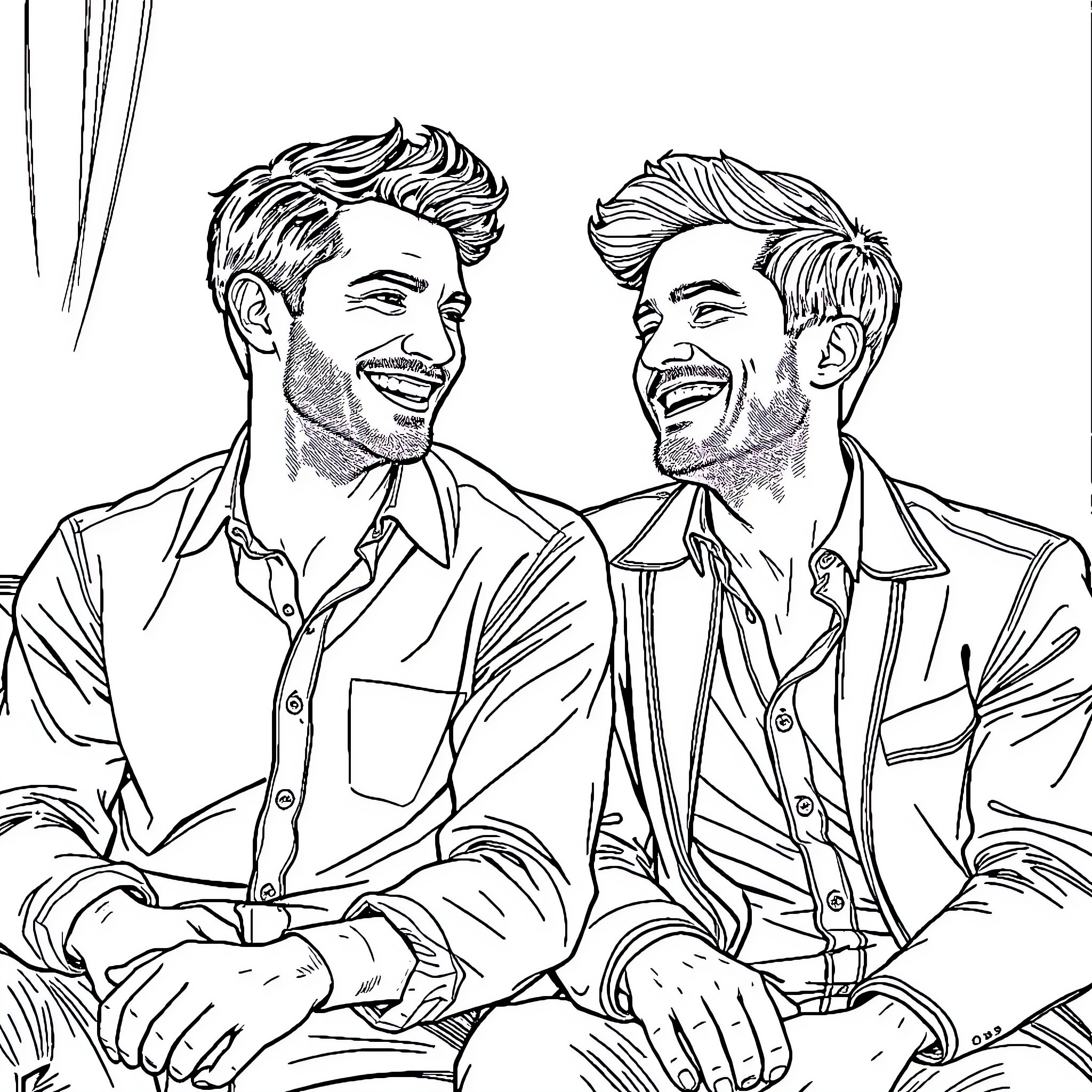 Man smiling together with another man Coloring Page (free black-and-white line drawing printable PDF for all, from beginners to advanced learners, including children, teens, adults, and seniors)