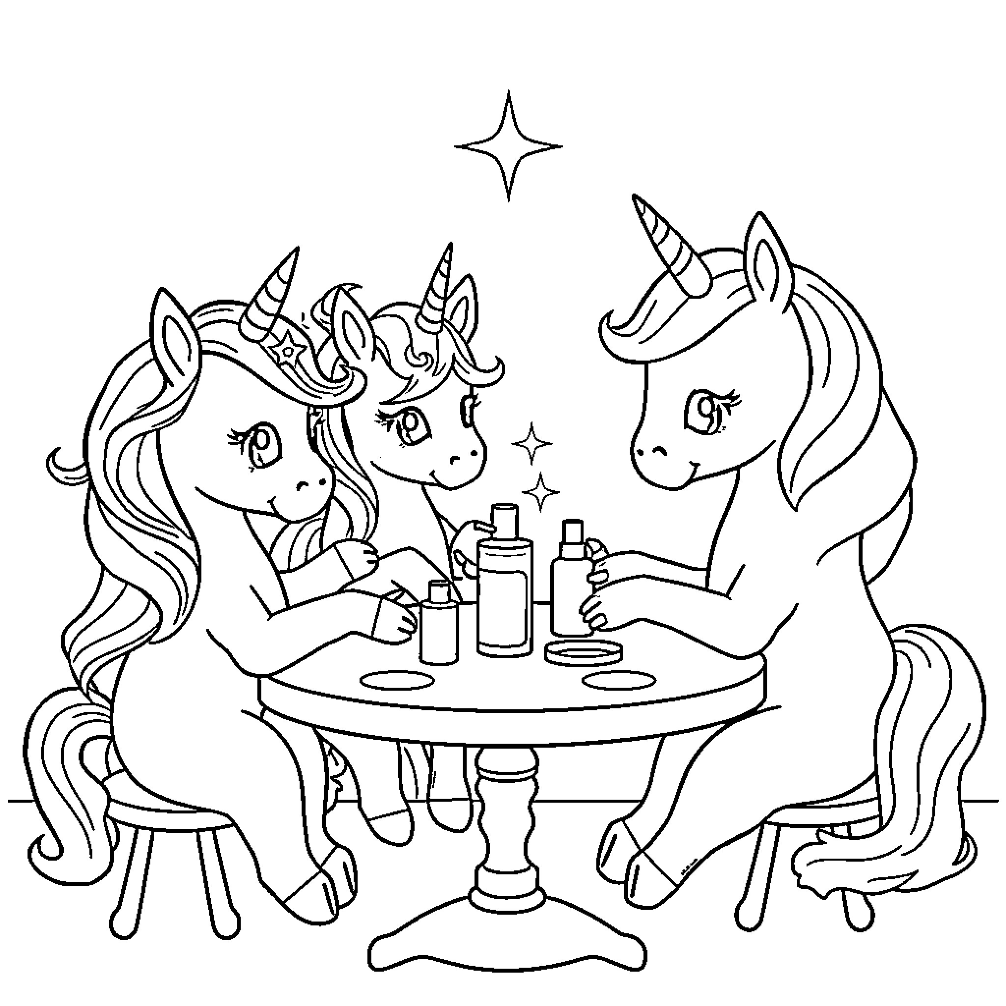 Unicorn friends enjoying a magical tea party Coloring Page (free black-and-white line drawing printable PDF for all, from beginners to advanced learners, including children, teens, adults, and seniors)