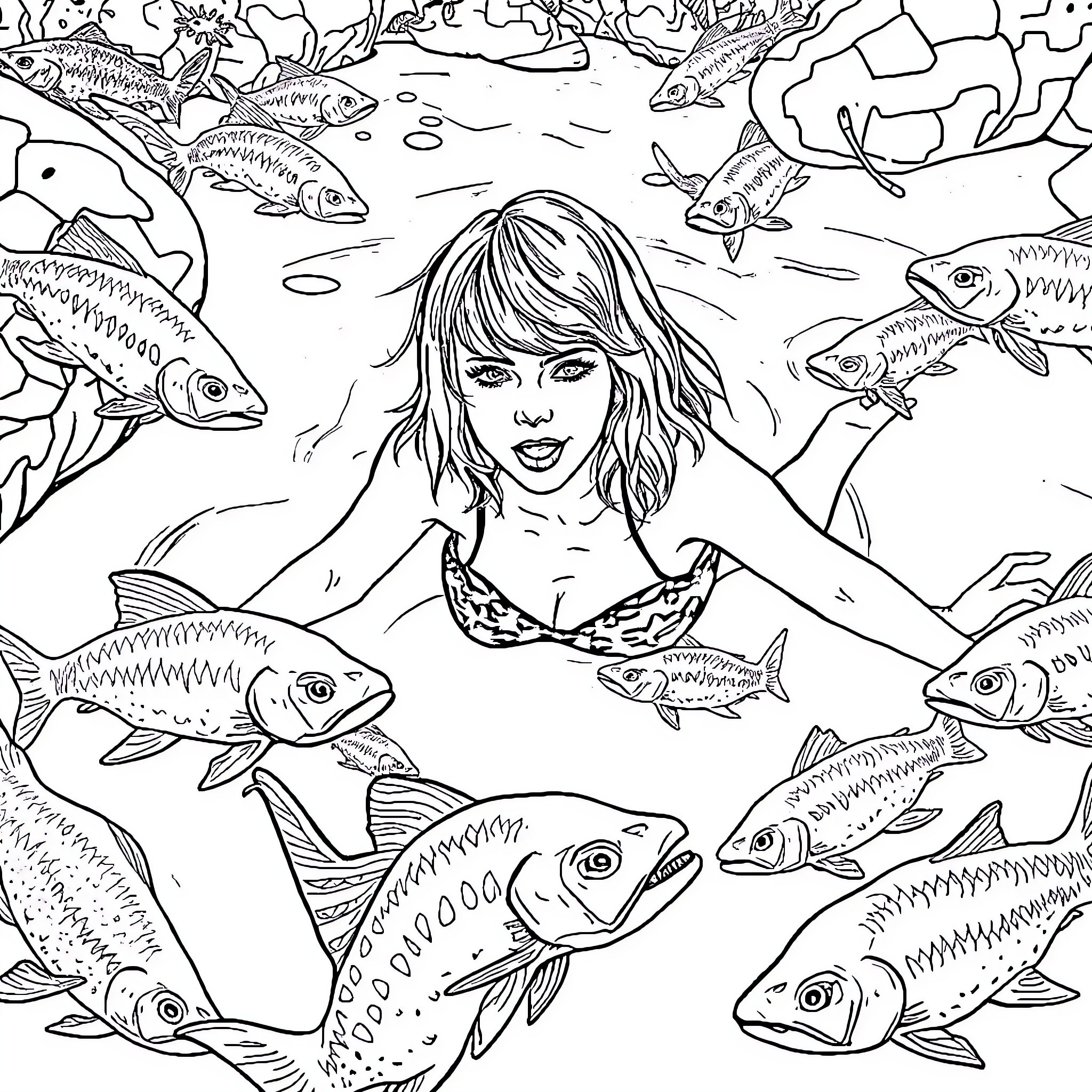 Taylor Swift surrounded by playful fish in the water Coloring Page (free black-and-white line drawing printable PDF for all, from beginners to advanced learners, including children, teens, adults, and seniors)