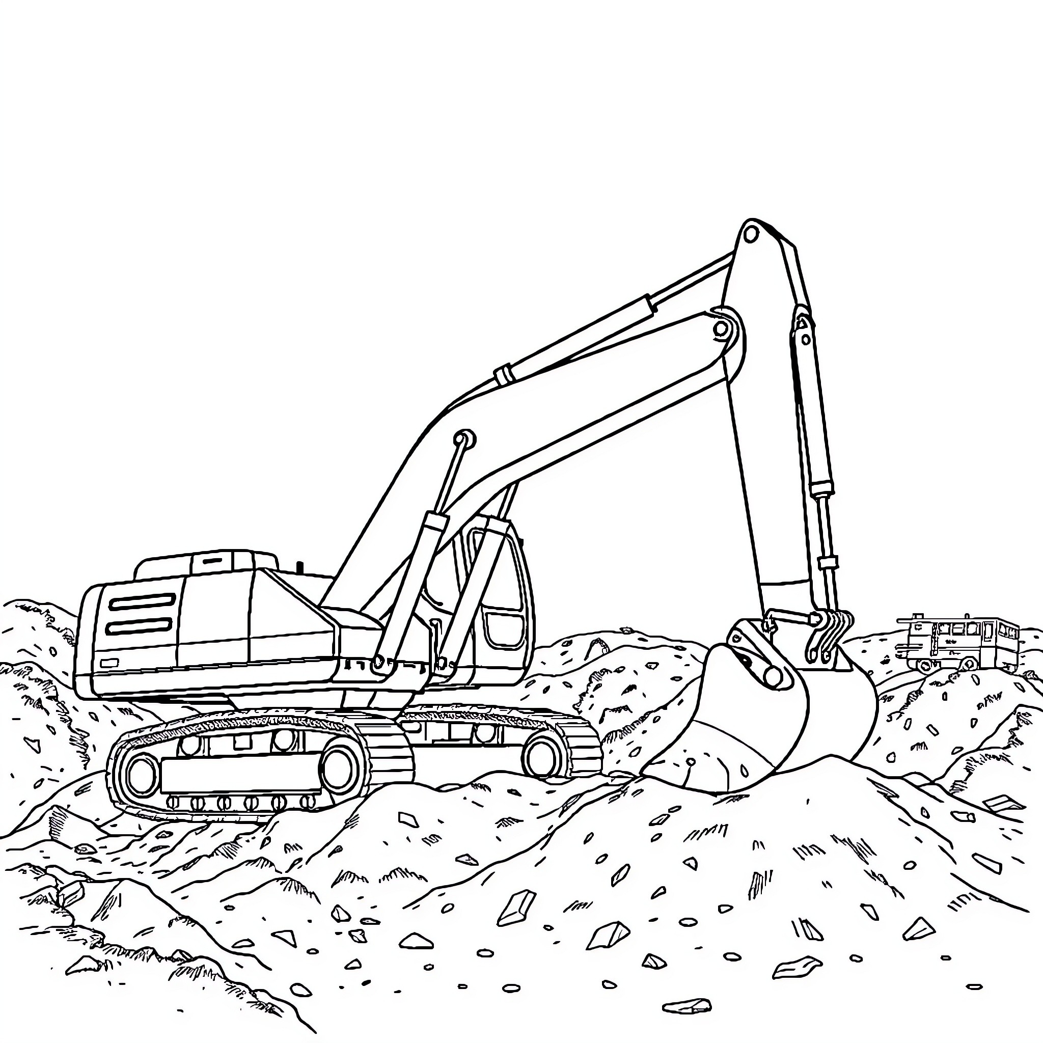Excavator digging in the construction site Coloring Page (free black-and-white line drawing printable PDF for all, from beginners to advanced learners, including children, teens, adults, and seniors)