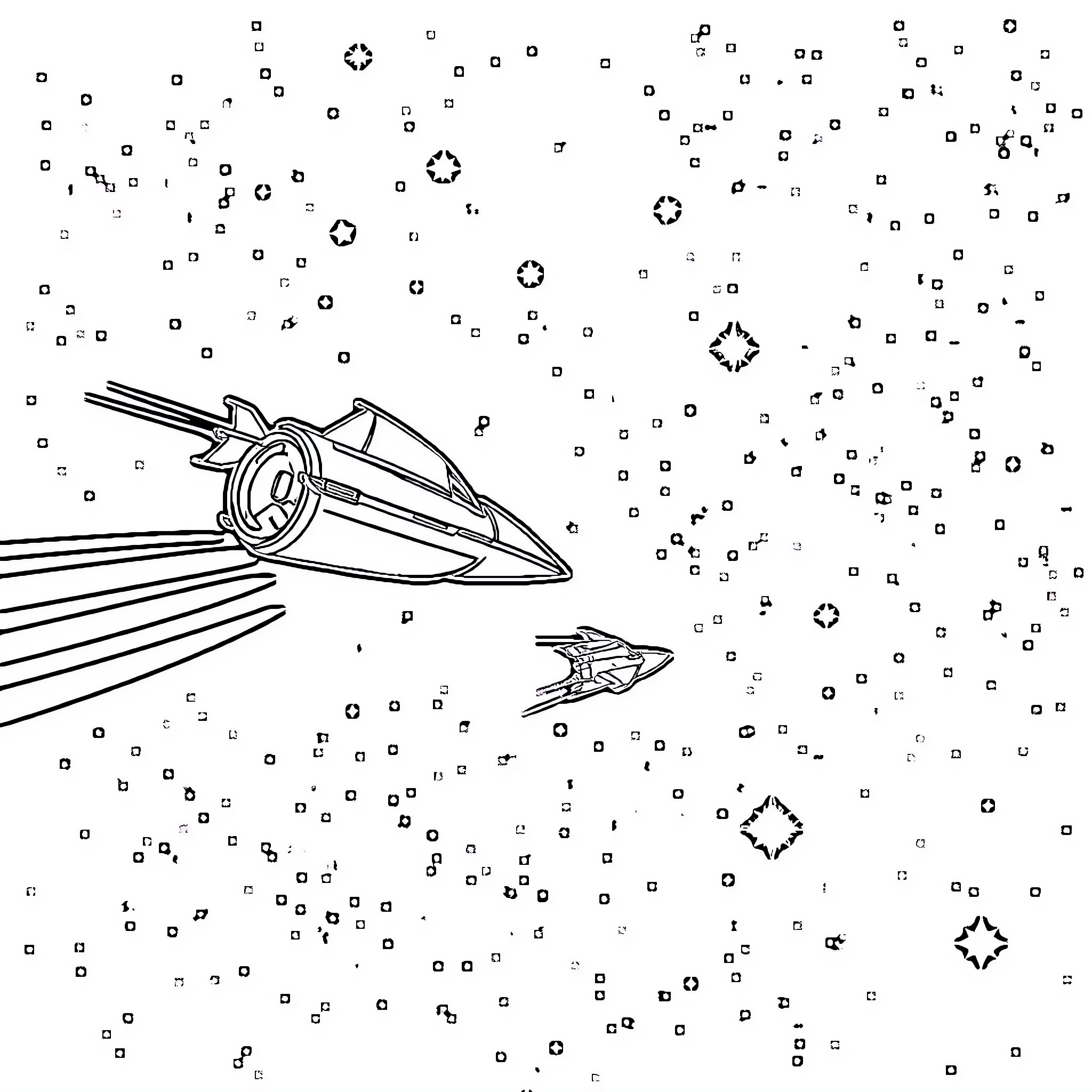 Spaceship exploring the cosmos Coloring Page (free black-and-white line drawing printable PDF for all, from beginners to advanced learners, including children, teens, adults, and seniors)