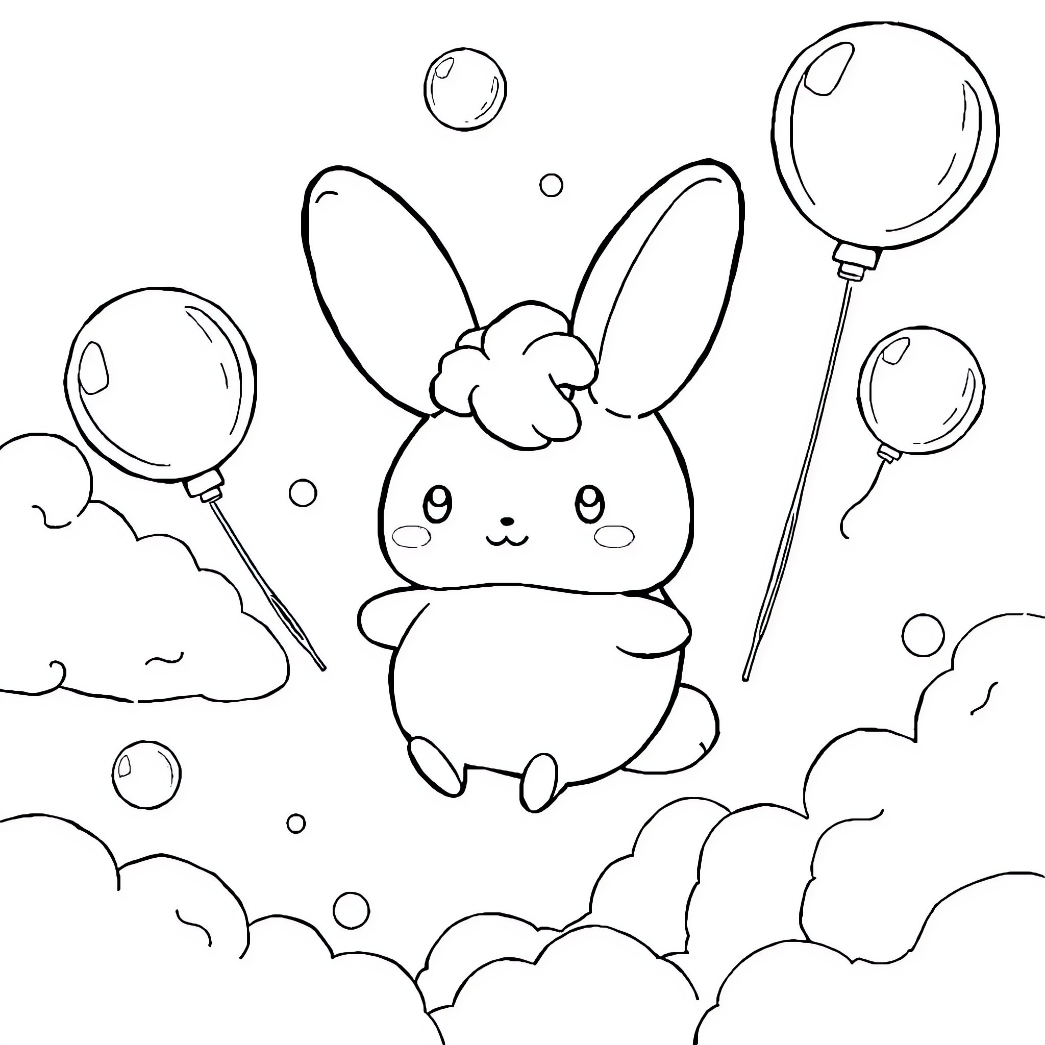 Cinnamoroll floating happily with balloons Coloring Page (free black-and-white line drawing printable PDF for all, from beginners to advanced learners, including children, teens, adults, and seniors)