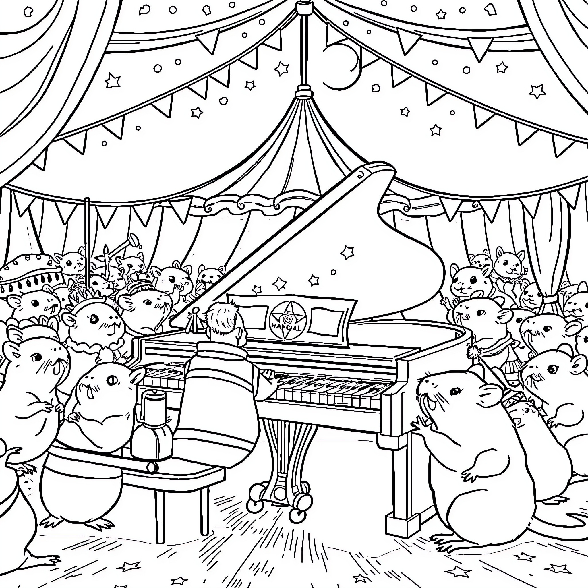Hamsters playing music and dancing in a circus-like setting Coloring Page (free black-and-white line drawing printable PDF for all, from beginners to advanced learners, including children, teens, adults, and seniors)