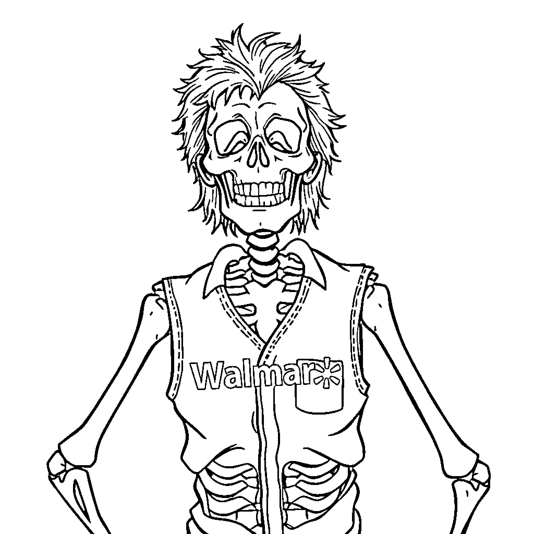 Skeleton employee in Walmart uniform Coloring Page (free black-and-white line drawing printable PDF for all, from beginners to advanced learners, including children, teens, adults, and seniors)