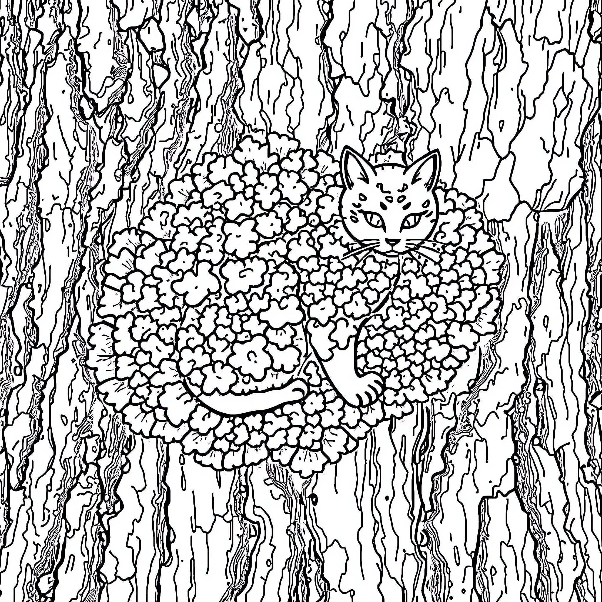 Lichen-covered feline hidden in the forest Coloring Page (free black-and-white line drawing printable PDF for all, from beginners to advanced learners, including children, teens, adults, and seniors)