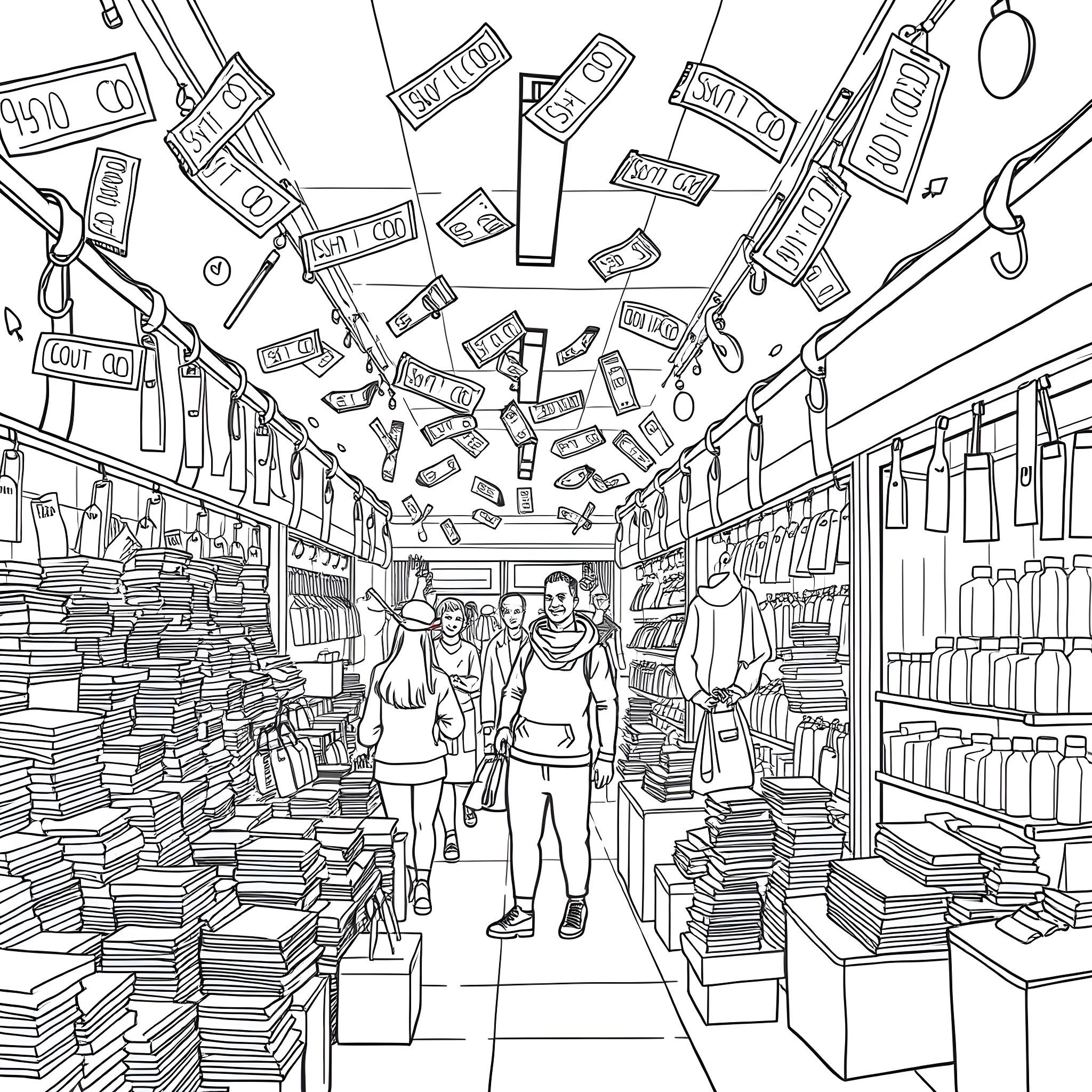 Coupon Shopping Spree in the Store Coloring Page (free black-and-white line drawing printable PDF for all, from beginners to advanced learners, including children, teens, adults, and seniors)