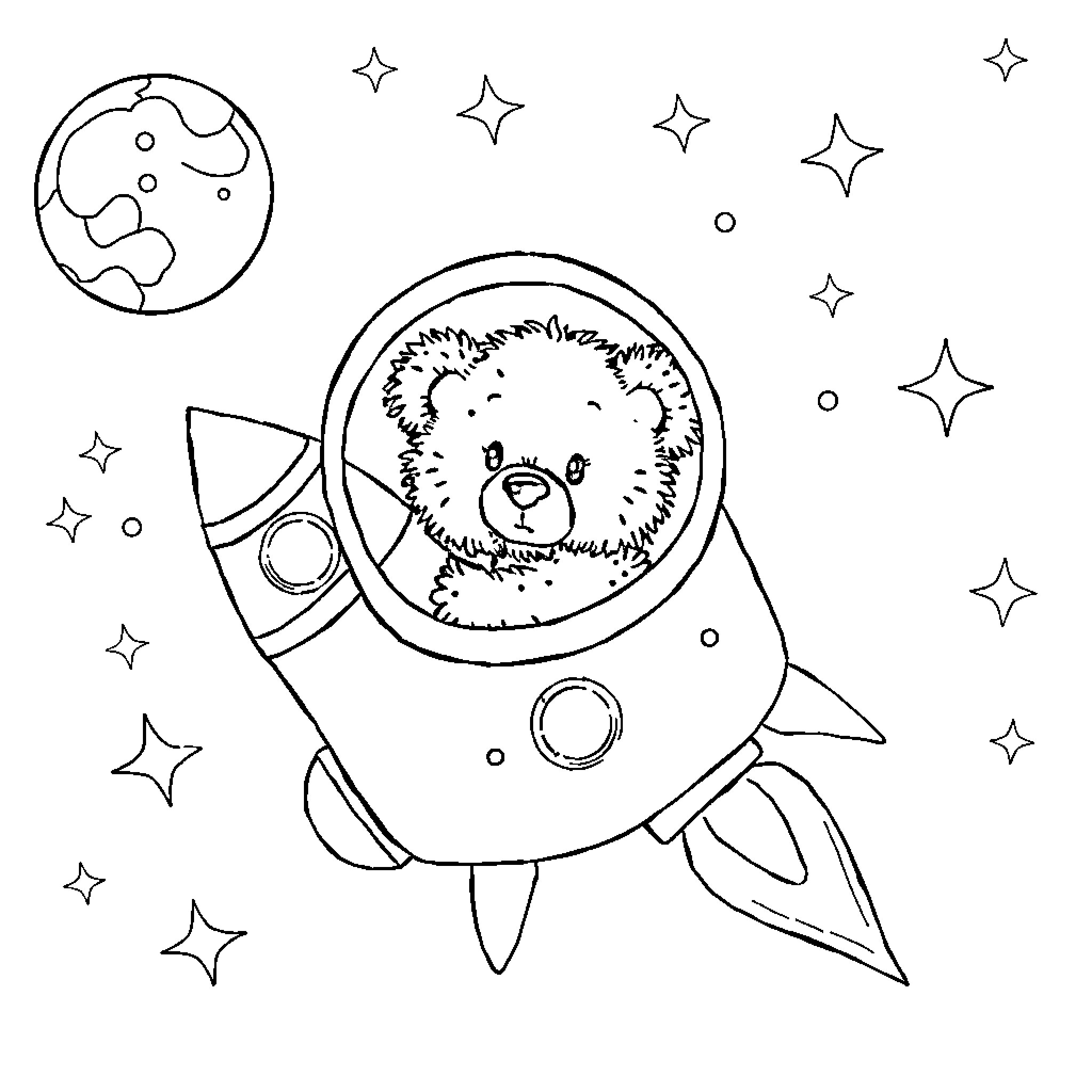 Teddy Bear astronaut in a rocket ship Coloring Page (free black-and-white line drawing printable PDF for all, from beginners to advanced learners, including children, teens, adults, and seniors)