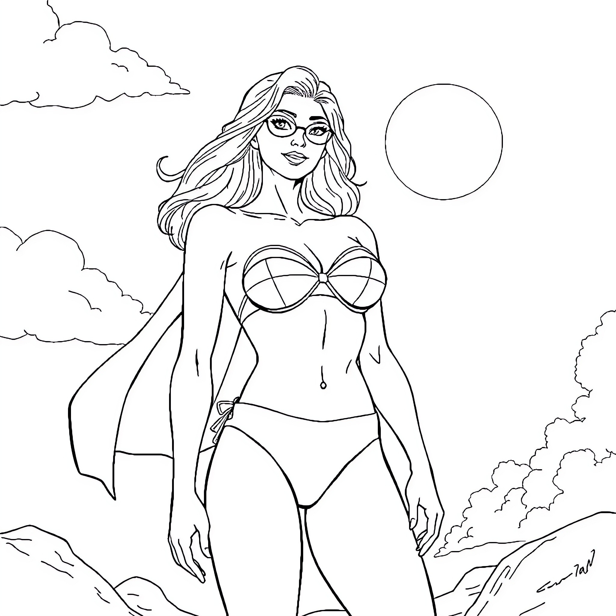 Supergirl standing tall and confident in a heroic pose Coloring Page (free black-and-white line drawing printable PDF for all, from beginners to advanced learners, including children, teens, adults, and seniors)