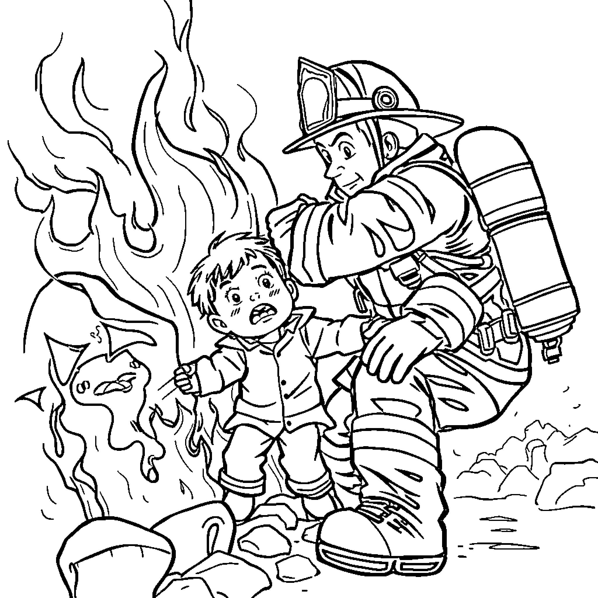 Firefighter rescuing a child from a burning building Coloring Page (free black-and-white line drawing printable PDF for all, from beginners to advanced learners, including children, teens, adults, and seniors)