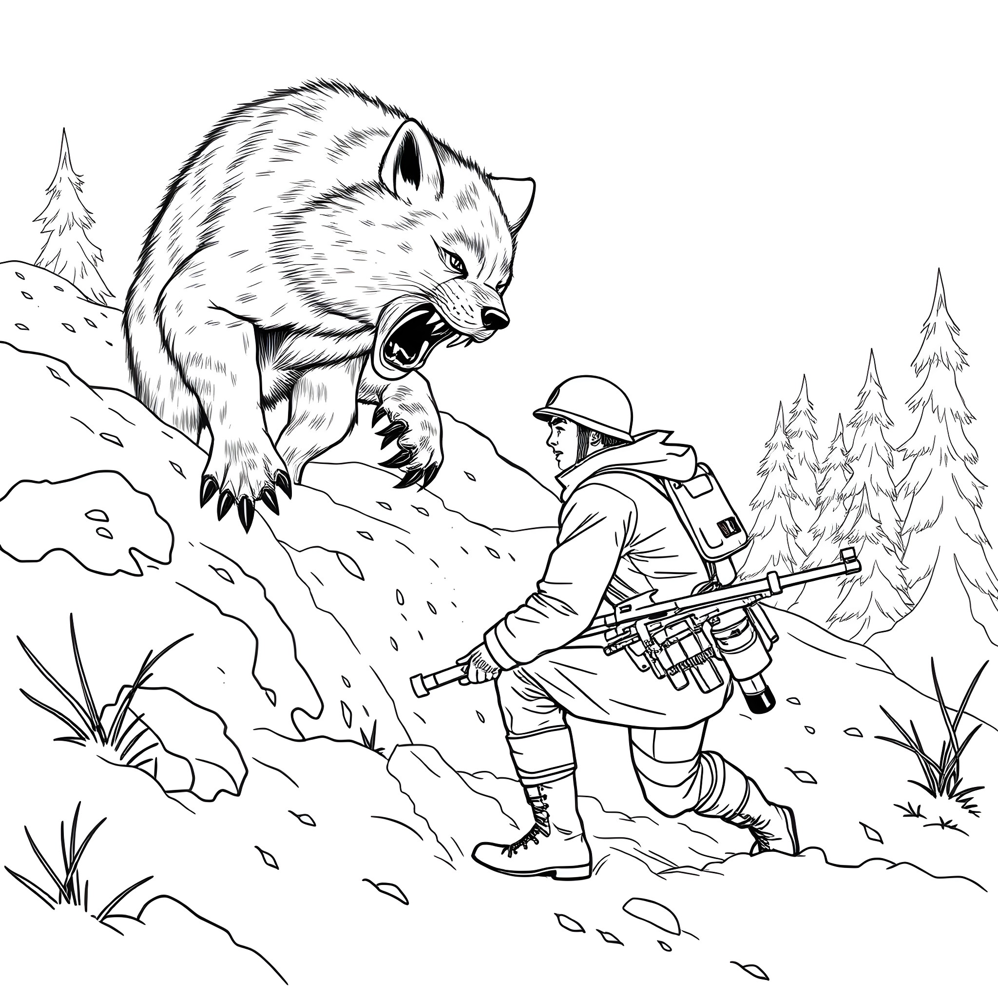 Soldier facing a hostile wolf in the wilderness Coloring Page (free black-and-white line drawing printable PDF for all, from beginners to advanced learners, including children, teens, adults, and seniors)