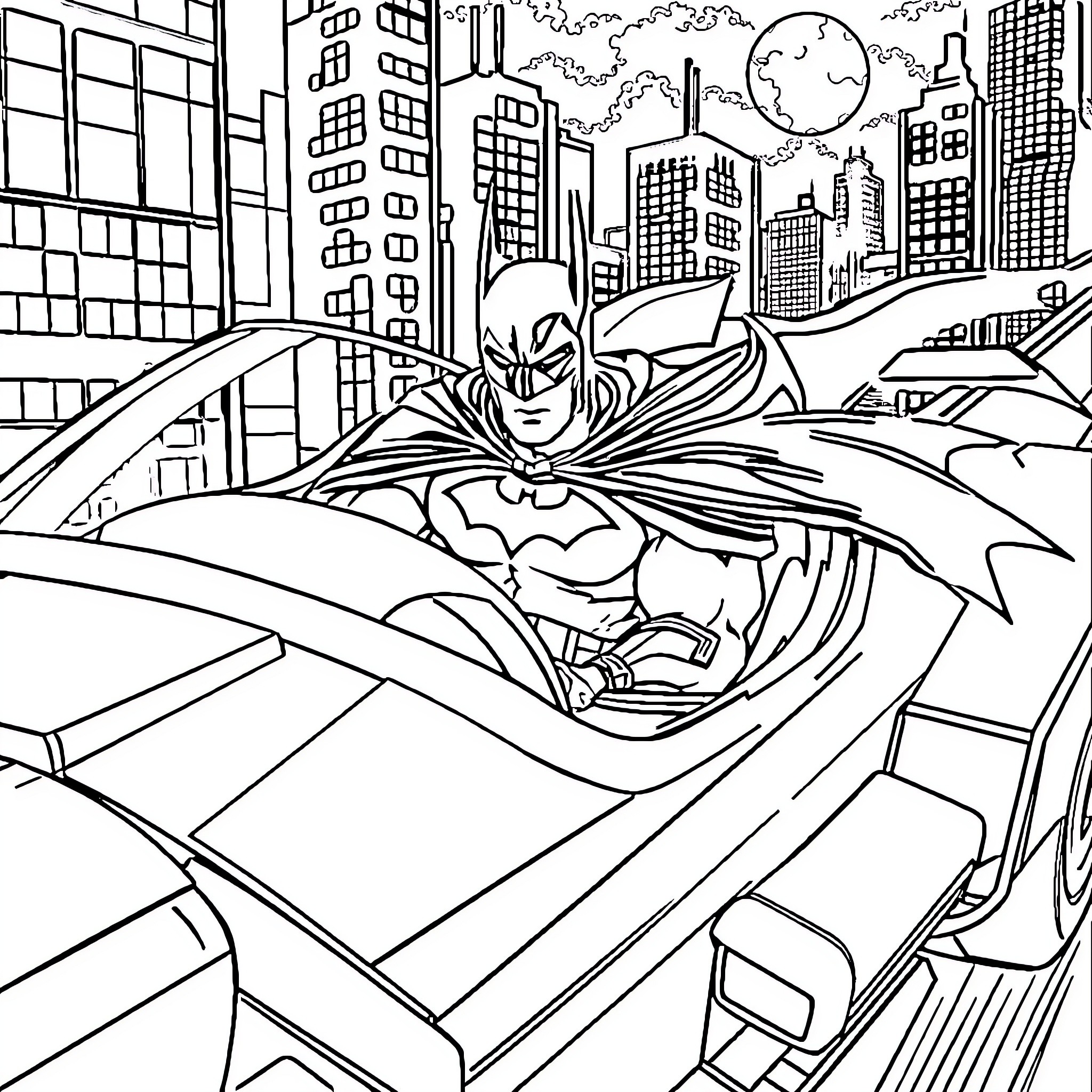 Batman's Heroic Pursuit in the City Skyline Coloring Page (free black-and-white line drawing printable PDF for all, from beginners to advanced learners, including children, teens, adults, and seniors)