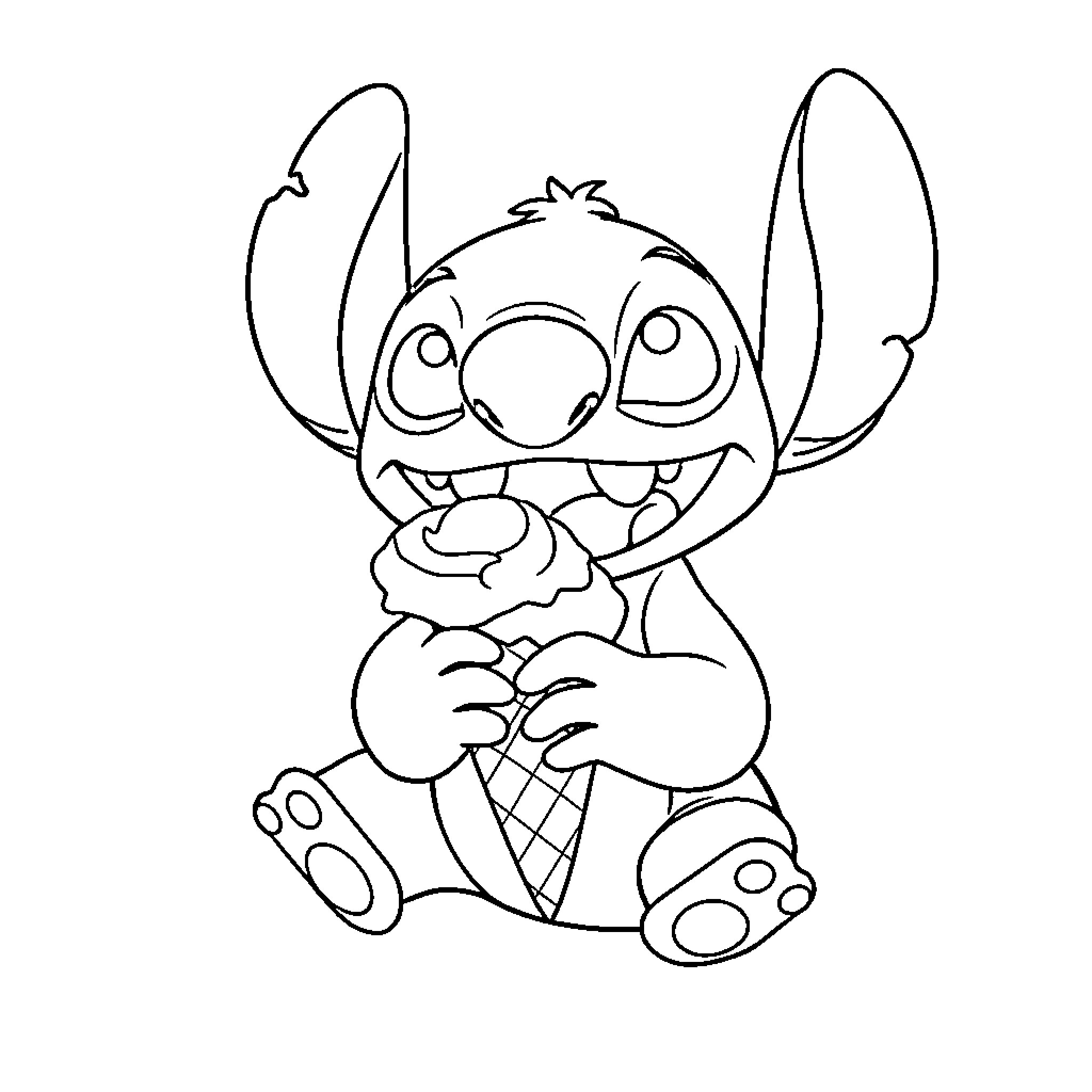 Stitch holding a flower and smiling Coloring Page (free black-and-white line drawing printable PDF for all, from beginners to advanced learners, including children, teens, adults, and seniors)
