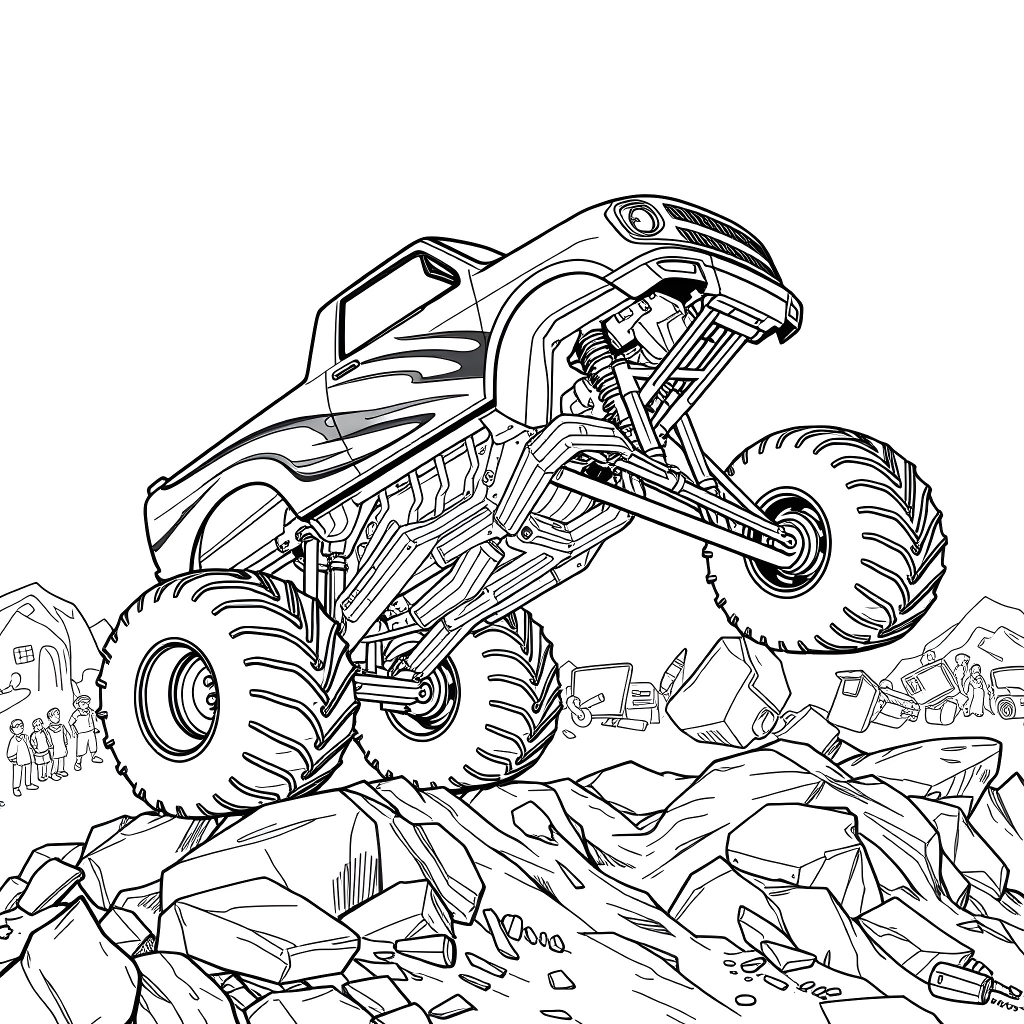 Monster Truck Crushing Obstacles on Rugged Terrain Coloring Page (free black-and-white line drawing printable PDF for all, from beginners to advanced learners, including children, teens, adults, and seniors)
