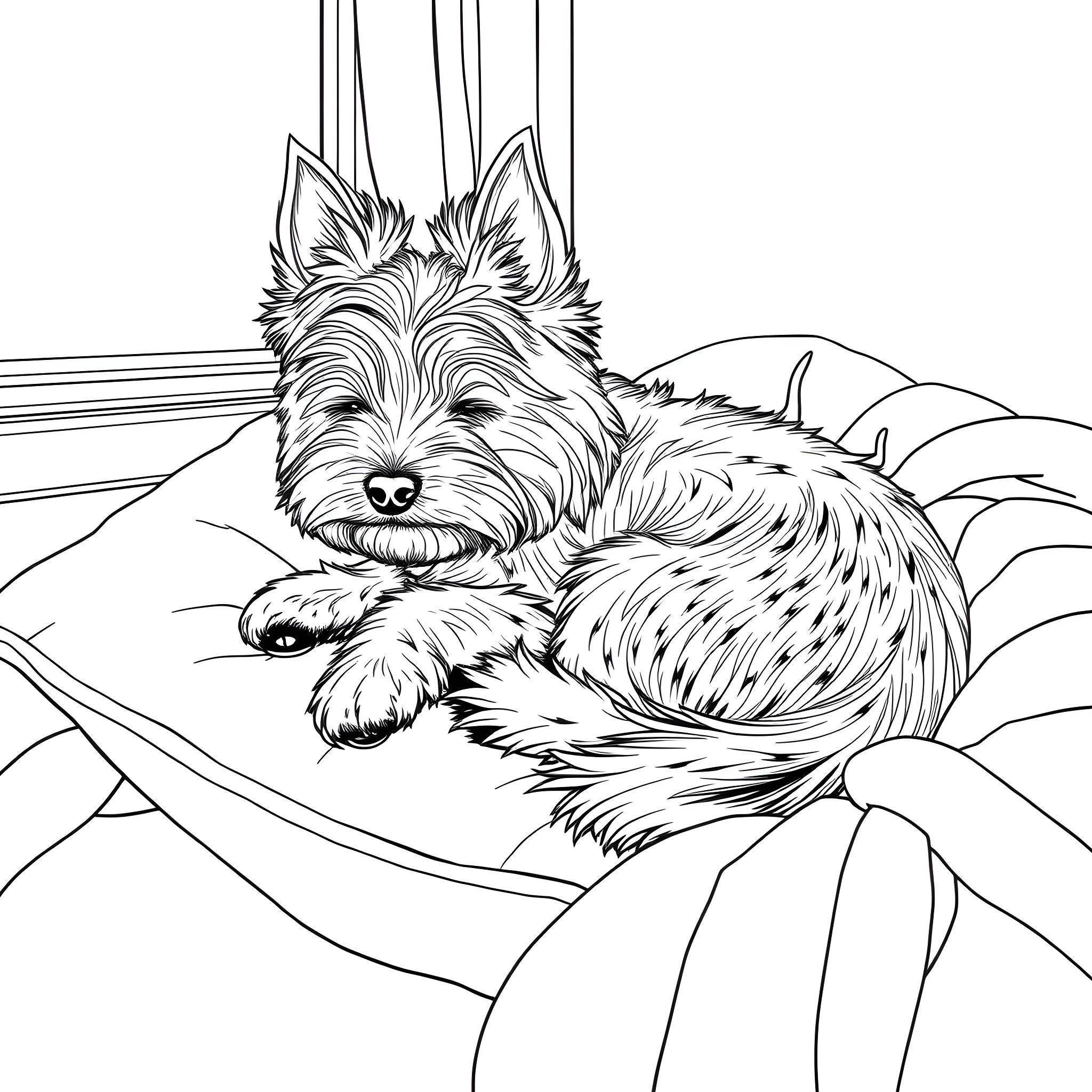 Silky Terrier relaxing on cozy blanket Coloring Page (free black-and-white line drawing printable PDF for all, from beginners to advanced learners, including children, teens, adults, and seniors)