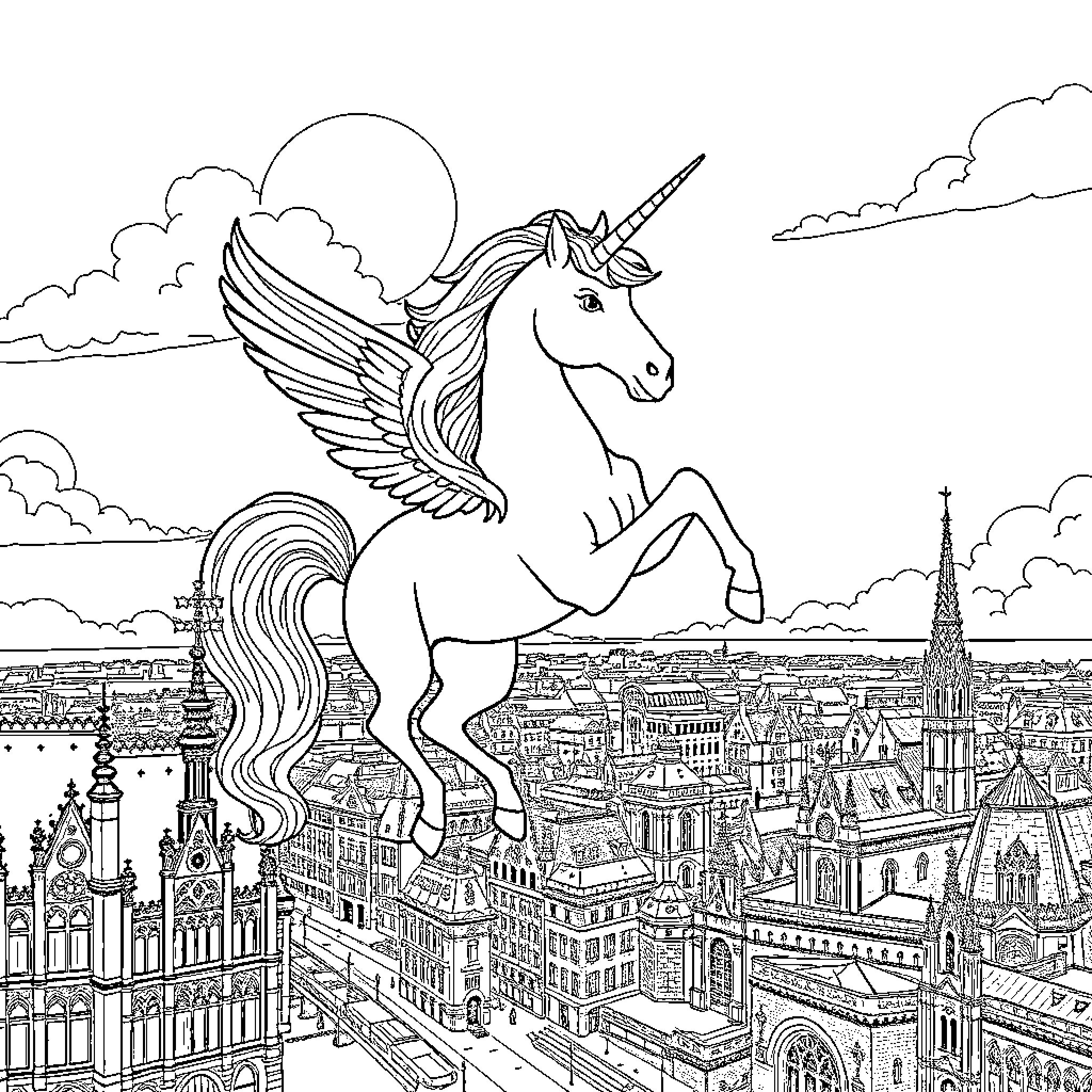 Unicorn soaring over the magical city Coloring Page (free black-and-white line drawing printable PDF for all, from beginners to advanced learners, including children, teens, adults, and seniors)