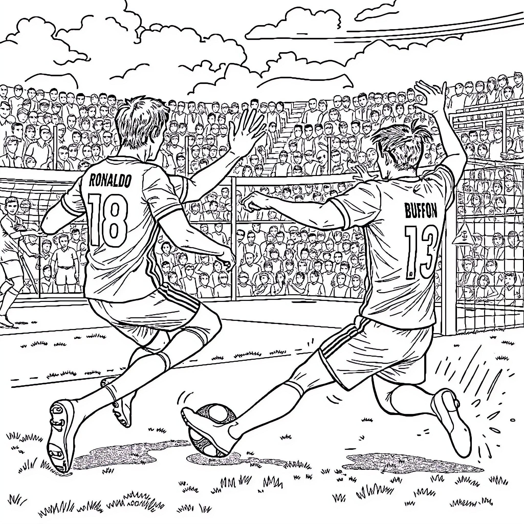 Ronaldo showcases skills in intense soccer match Coloring Page (free black-and-white line drawing printable PDF for all, from beginners to advanced learners, including children, teens, adults, and seniors)