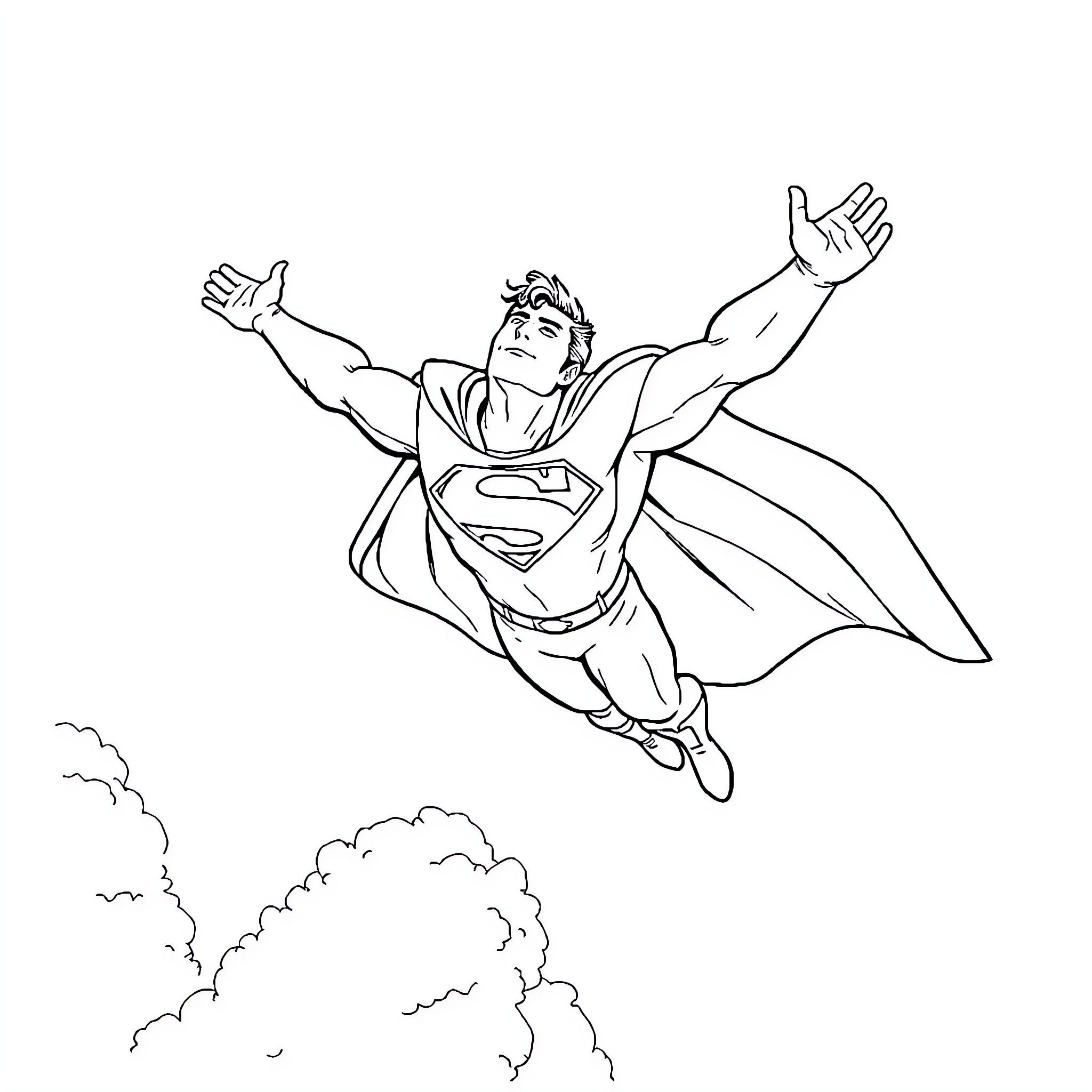 Superman soaring through the sky in action pose Coloring Page (free black-and-white line drawing printable PDF for all, from beginners to advanced learners, including children, teens, adults, and seniors)