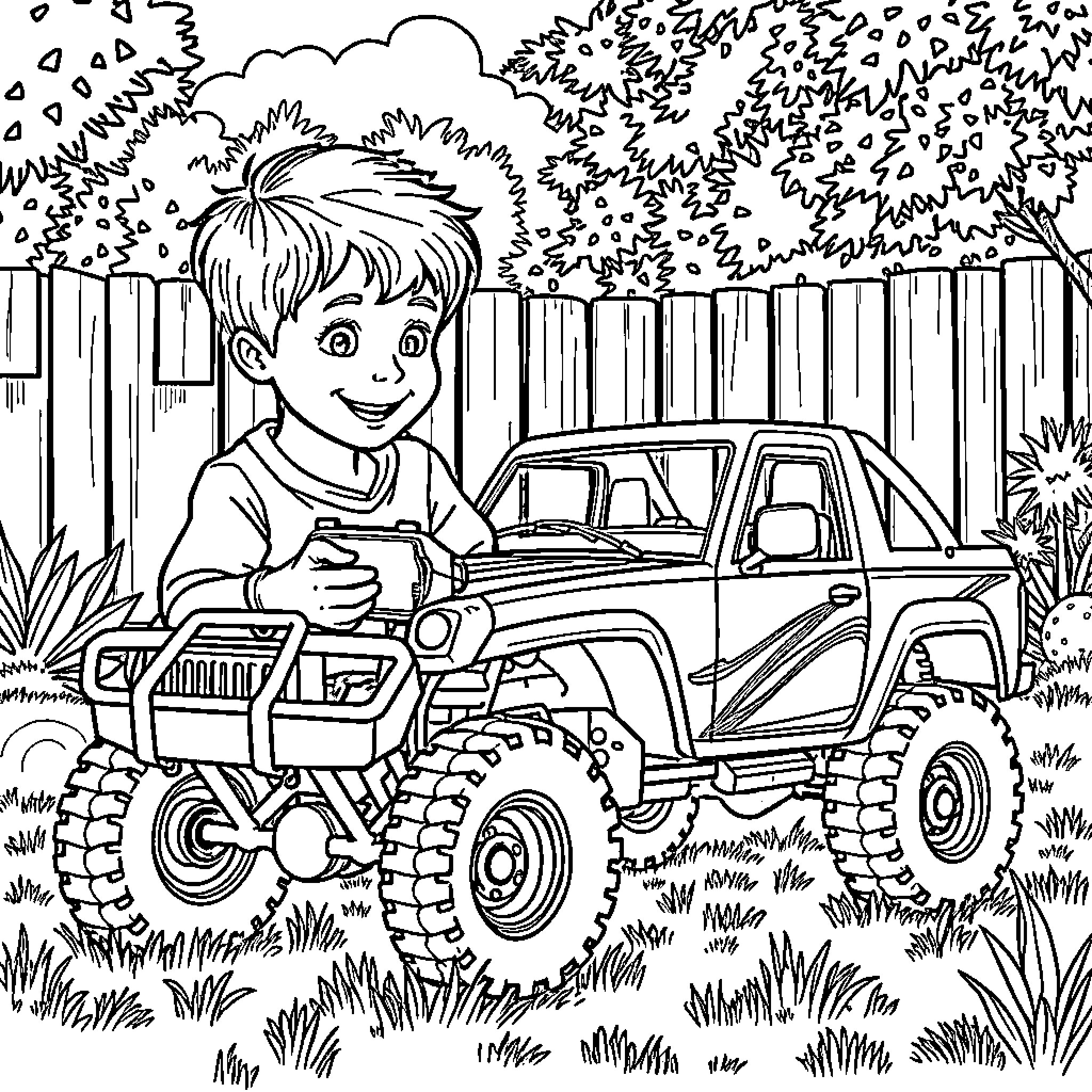 Boy playing with remote control monster truck in yard Coloring Page (free black-and-white line drawing printable PDF for all, from beginners to advanced learners, including children, teens, adults, and seniors)