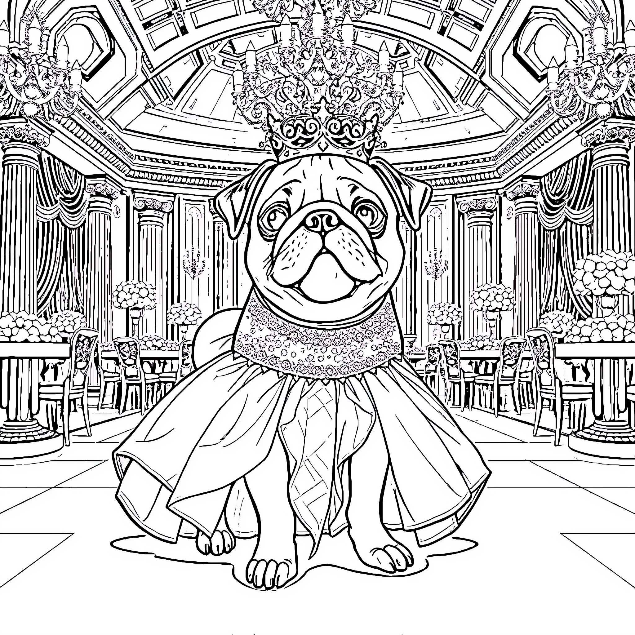 Pug dressed as royalty in an ornate palace Coloring Page (free black-and-white line drawing printable PDF for all, from beginners to advanced learners, including children, teens, adults, and seniors)