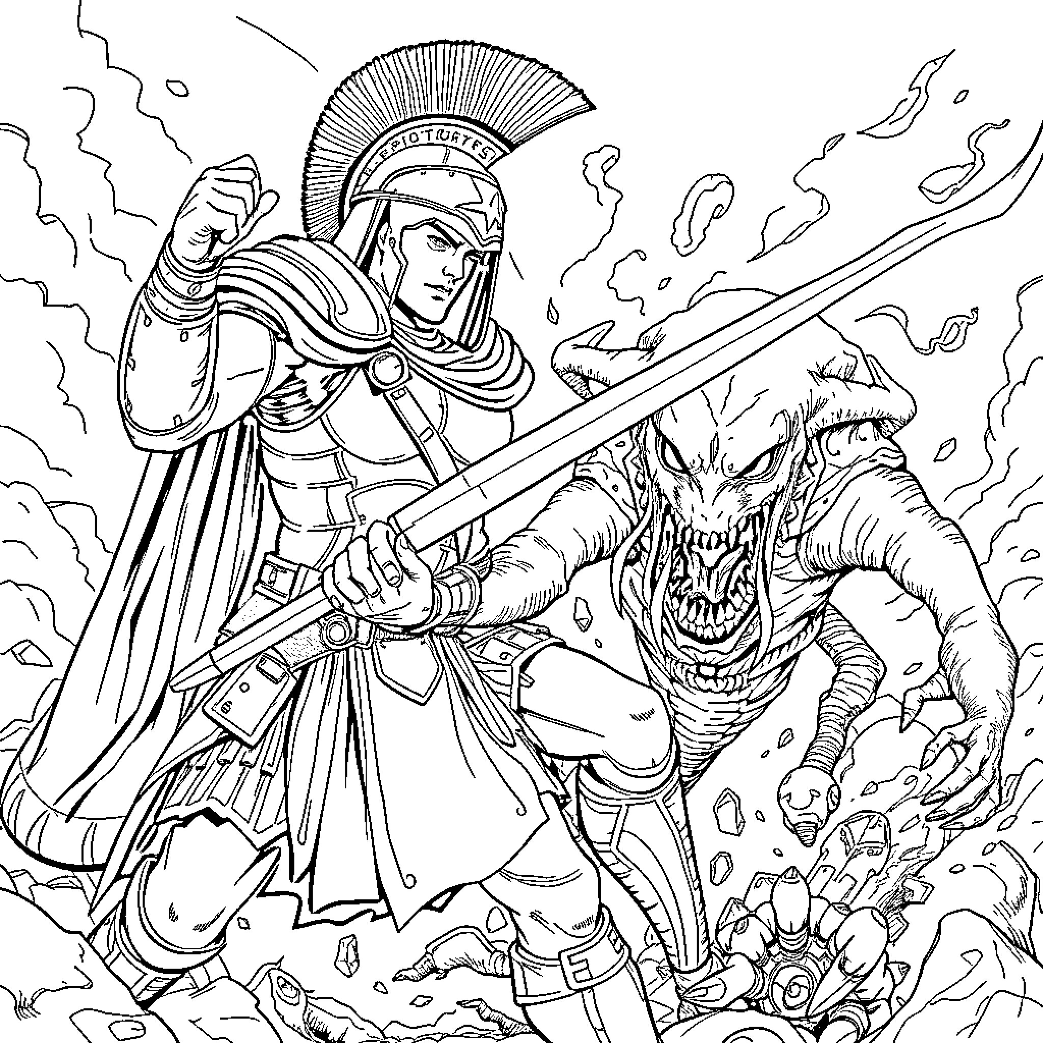 Spartan warrior battles a monstrous foe Coloring Page (free black-and-white line drawing printable PDF for all, from beginners to advanced learners, including children, teens, adults, and seniors)