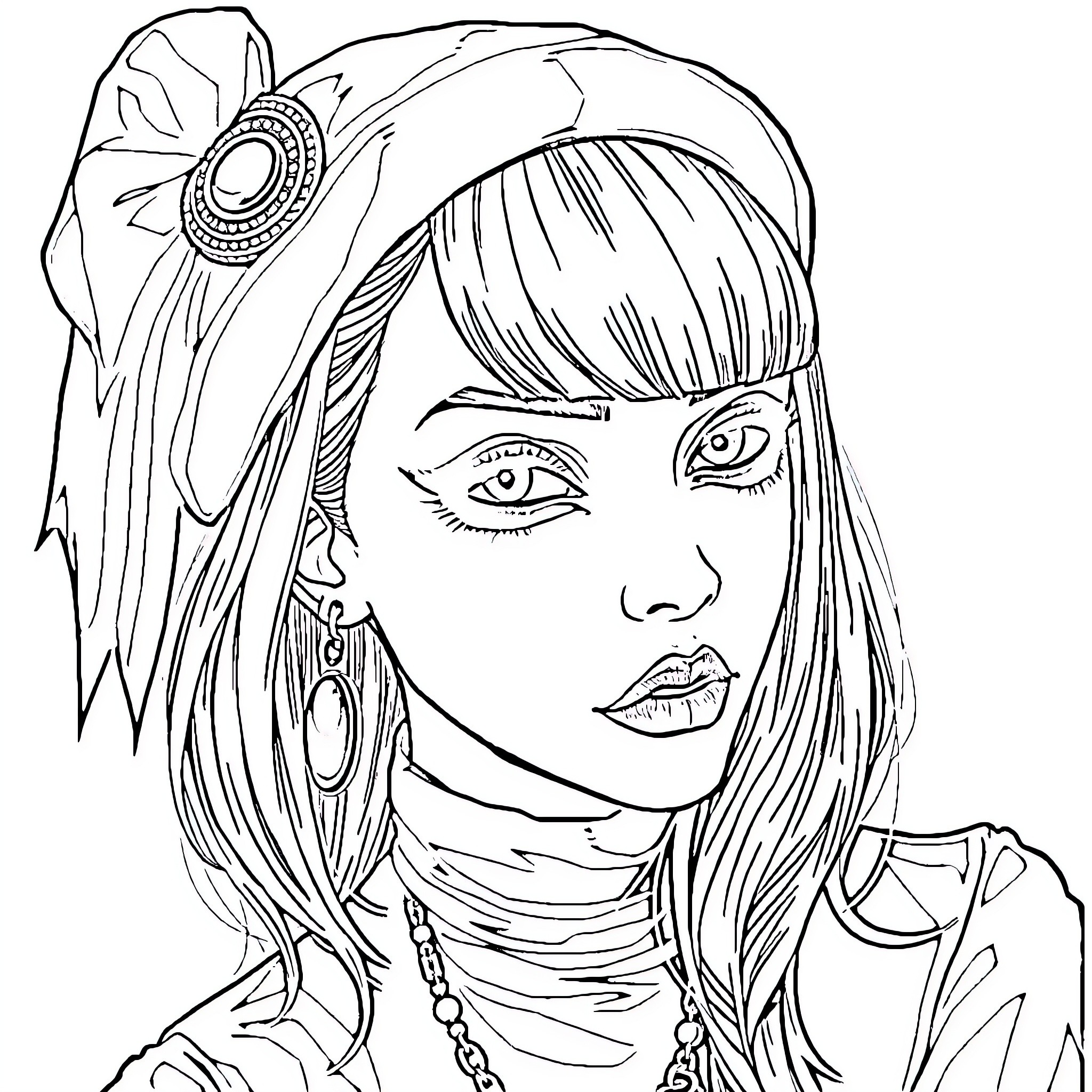 Goth Girl with Ornate Headpiece and Intricate Accessories Coloring Page (free black-and-white line drawing printable PDF for all, from beginners to advanced learners, including children, teens, adults, and seniors)