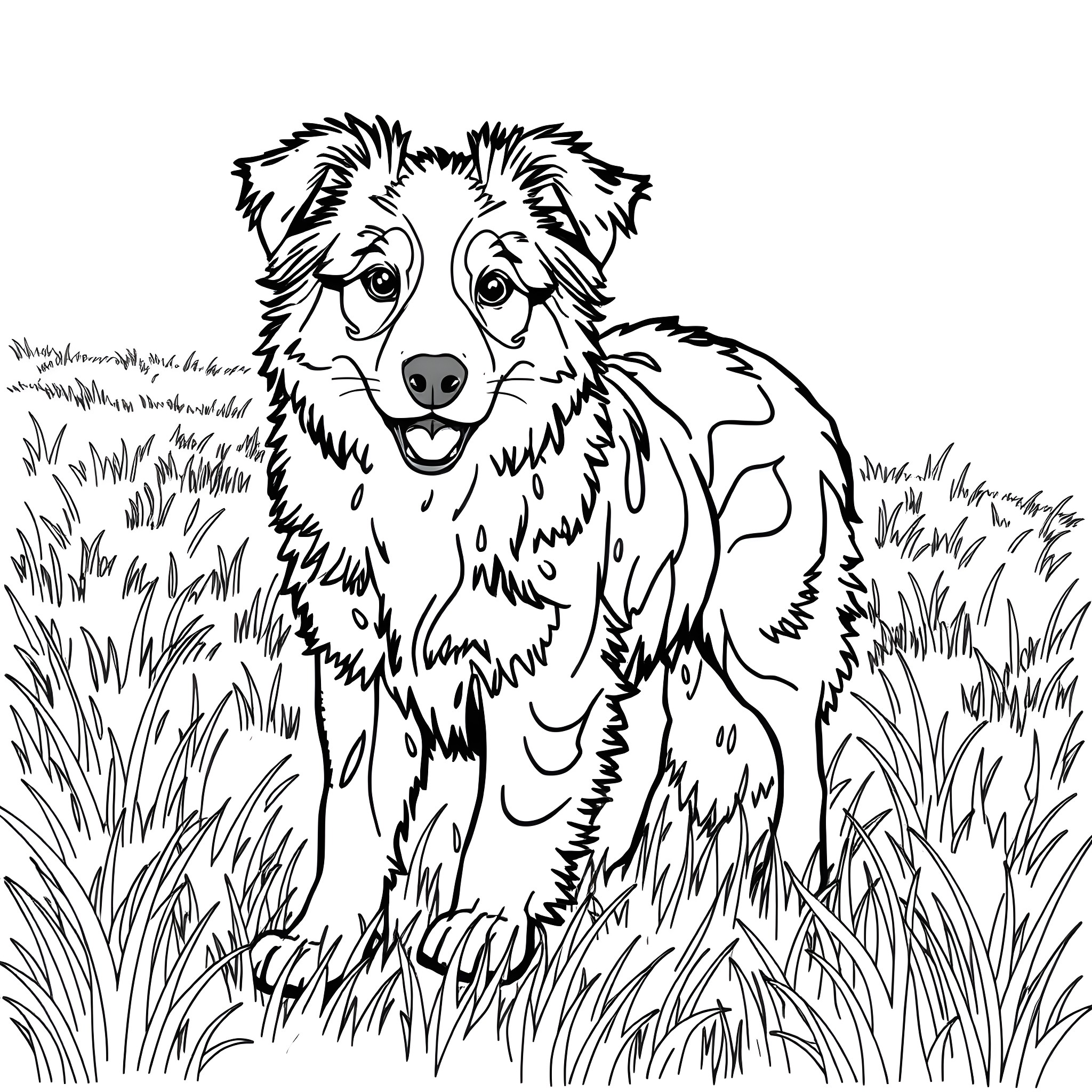 Australian Shepherd playing happily in the grass Coloring Page (free black-and-white line drawing printable PDF for all, from beginners to advanced learners, including children, teens, adults, and seniors)