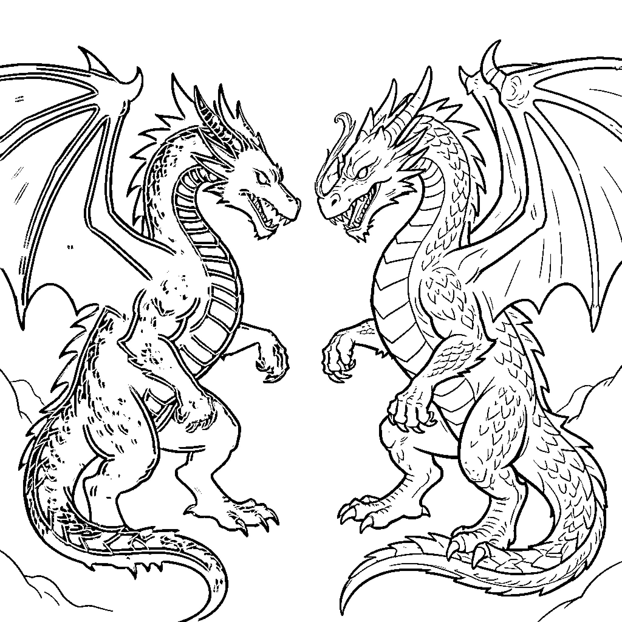 Dragon pair facing each other in an intense confrontation Coloring Page (free black-and-white line drawing printable PDF for all, from beginners to advanced learners, including children, teens, adults, and seniors)