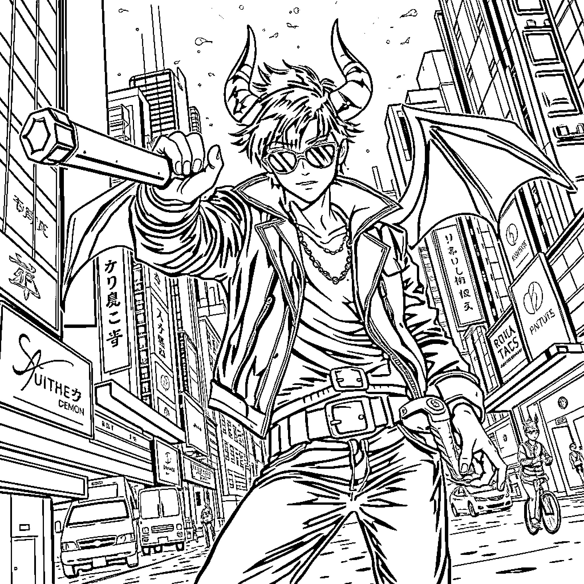 Demon Hunter Battles with Supernatural Forces in the City Coloring Page (free black-and-white line drawing printable PDF for all, from beginners to advanced learners, including children, teens, adults, and seniors)