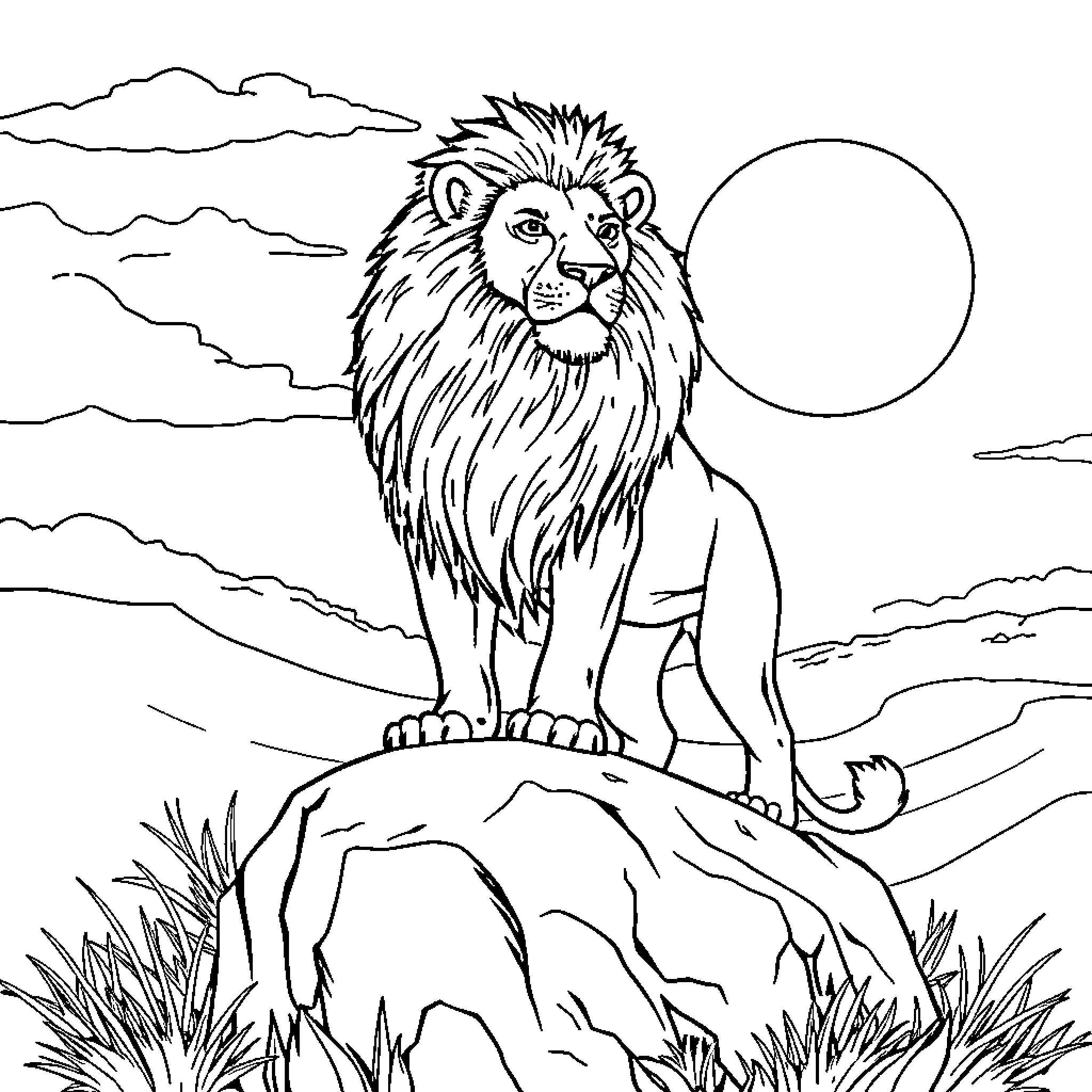 Lion Roaring on Mountain at Sunset Coloring Page (free black-and-white line drawing printable PDF for all, from beginners to advanced learners, including children, teens, adults, and seniors)