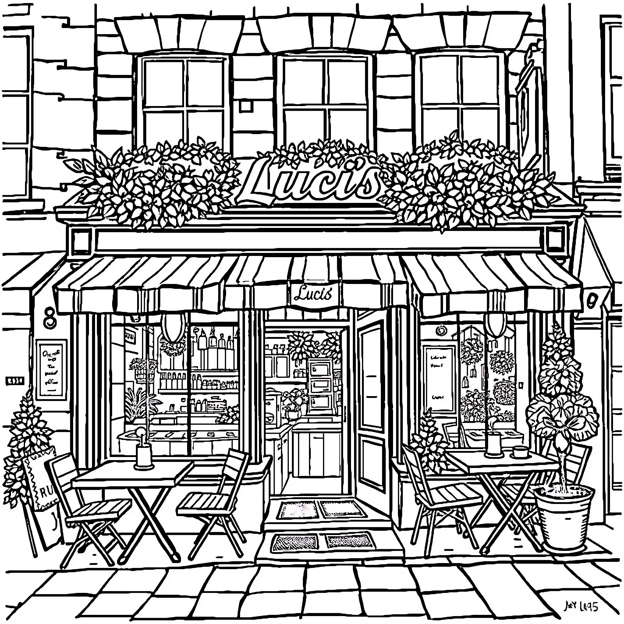 Restaurant with Floral Decor and Outdoor Seating Coloring Page (free black-and-white line drawing printable PDF for all, from beginners to advanced learners, including children, teens, adults, and seniors)