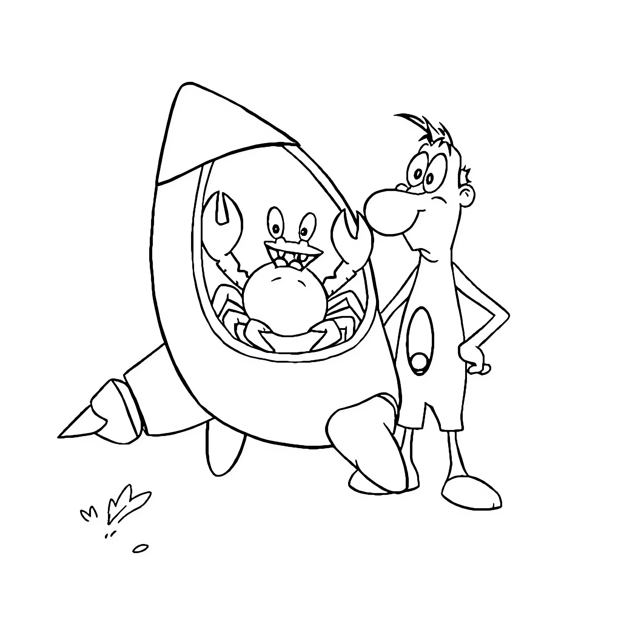 Crab riding a cartoon rocket ship Coloring Page (free black-and-white line drawing printable PDF for all, from beginners to advanced learners, including children, teens, adults, and seniors)