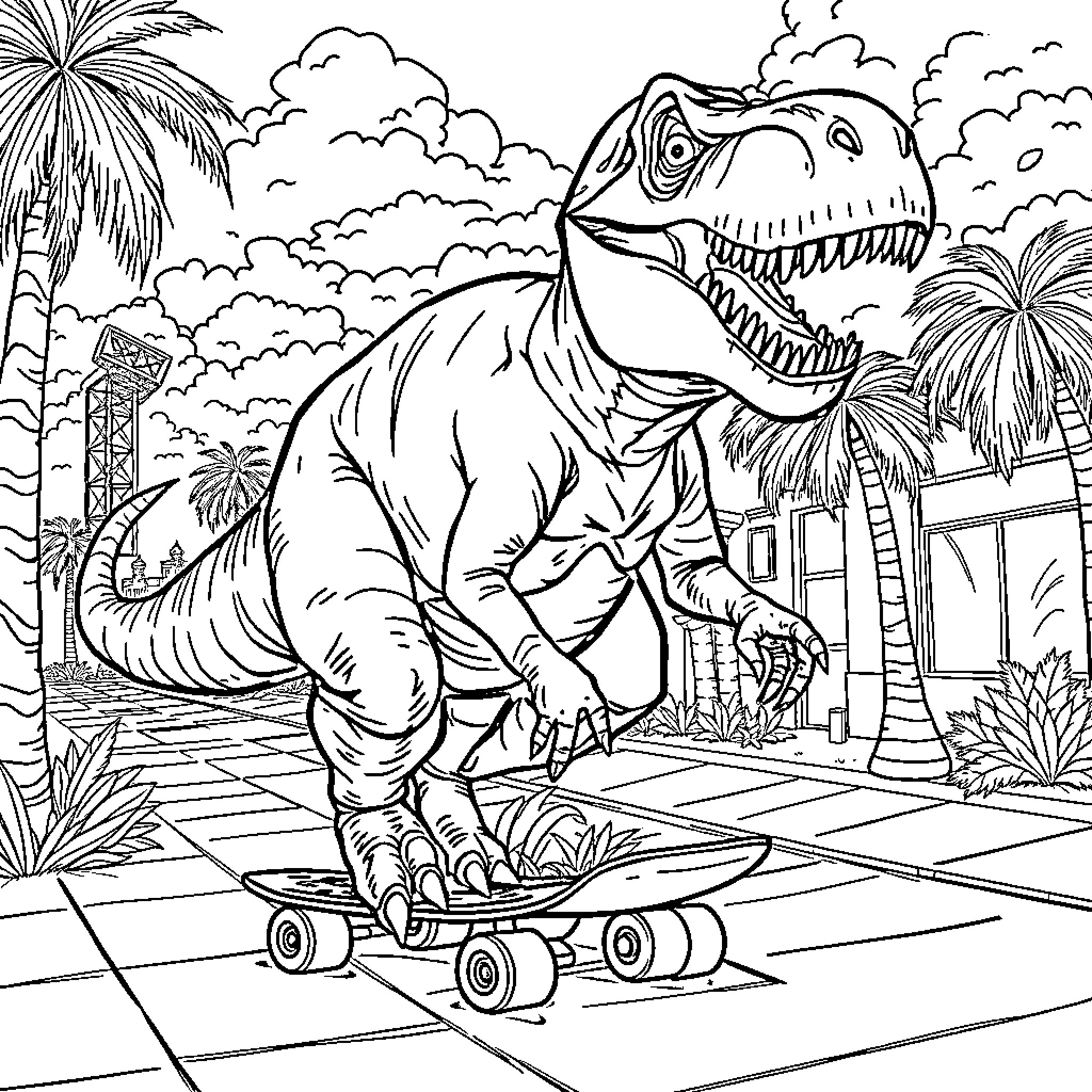 T-Rex riding a skateboard in a tropical setting Coloring Page (free black-and-white line drawing printable PDF for all, from beginners to advanced learners, including children, teens, adults, and seniors)