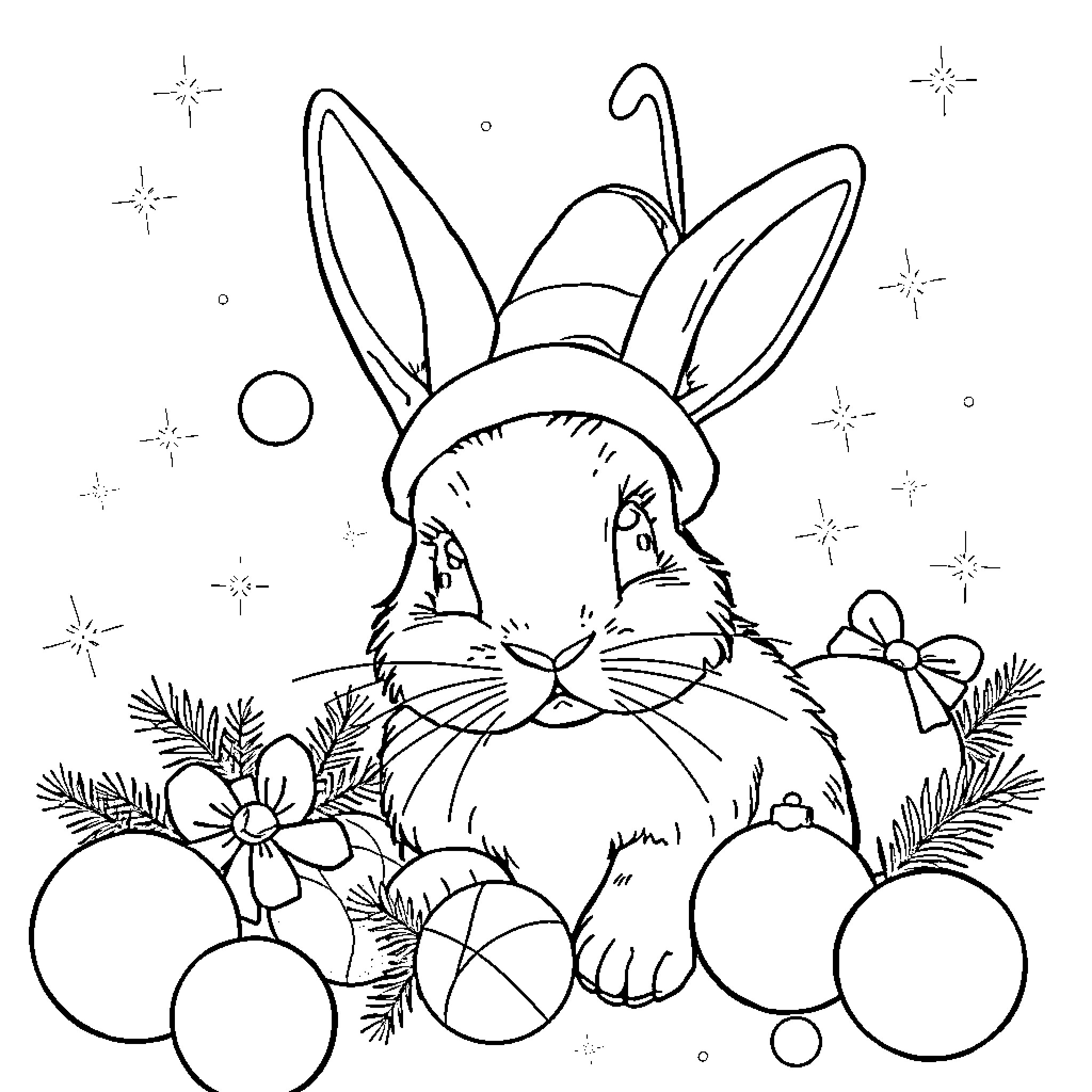 Bunny amid Easter eggs and flowers Coloring Page (free black-and-white line drawing printable PDF for all, from beginners to advanced learners, including children, teens, adults, and seniors)