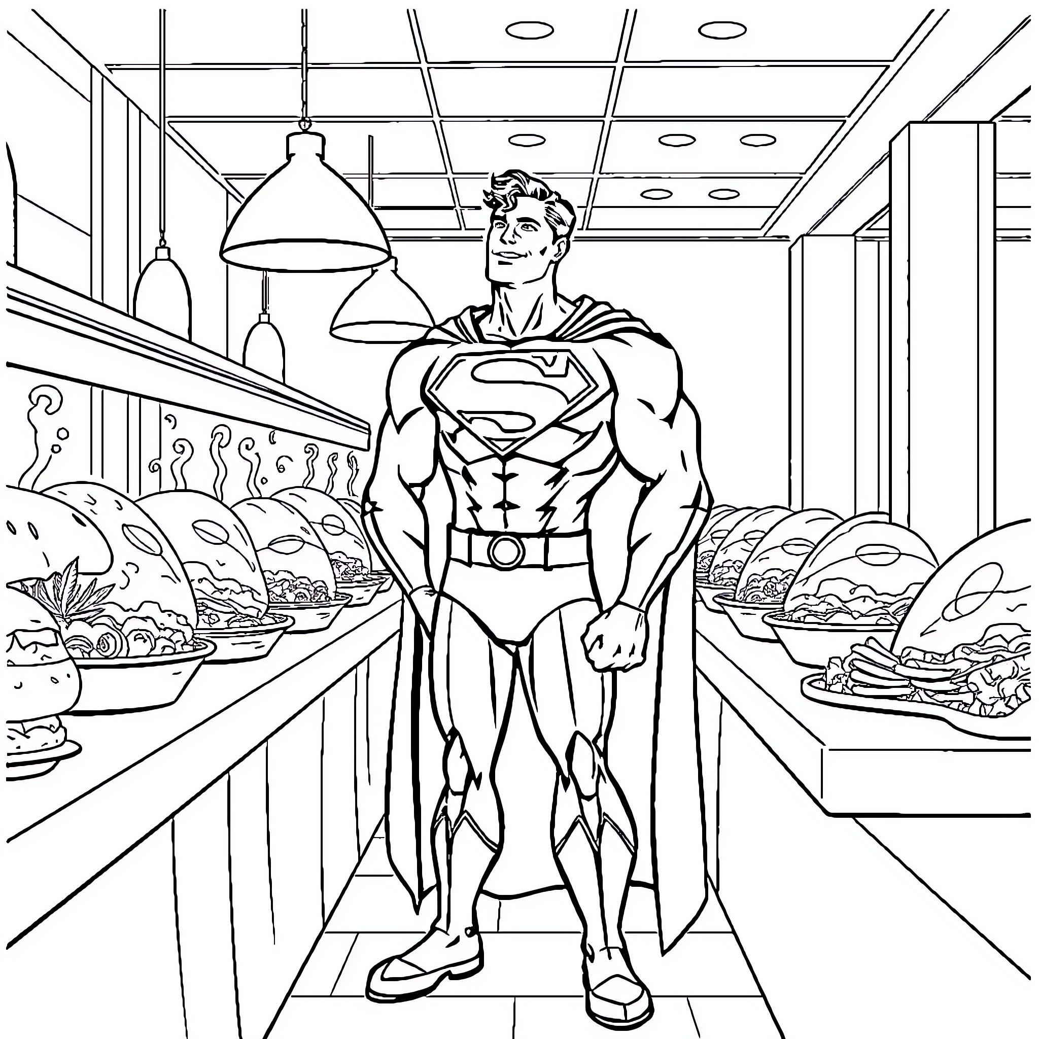 Superman in a modern interior setting Coloring Page (free black-and-white line drawing printable PDF for all, from beginners to advanced learners, including children, teens, adults, and seniors)